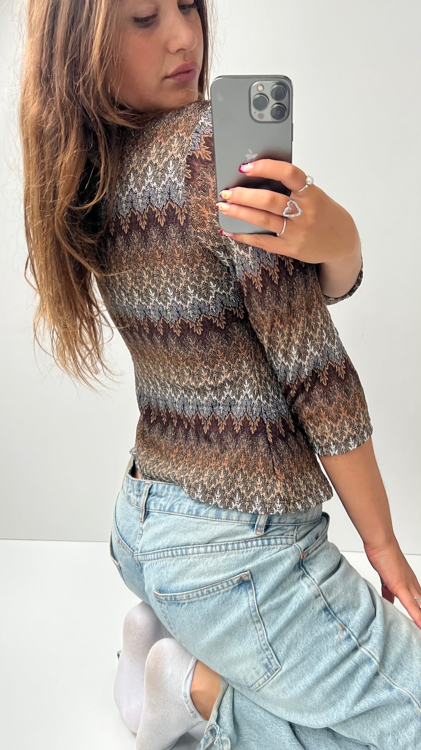 00s brown glitter long sleeve top- size M