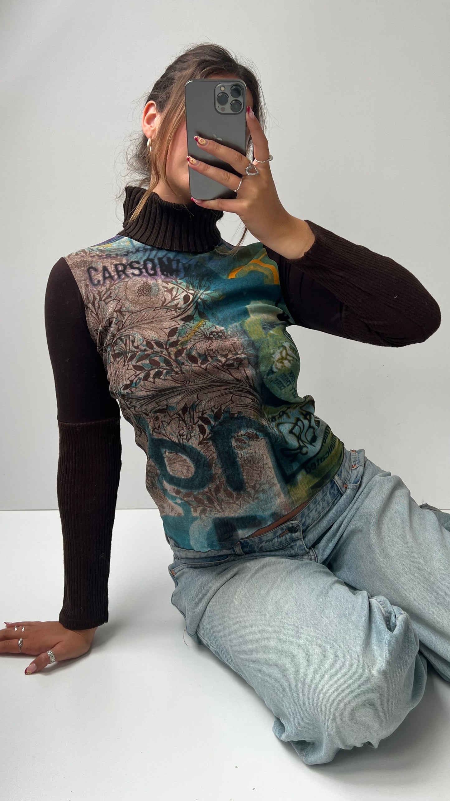 00s brown green mesh long sleeve top- size M