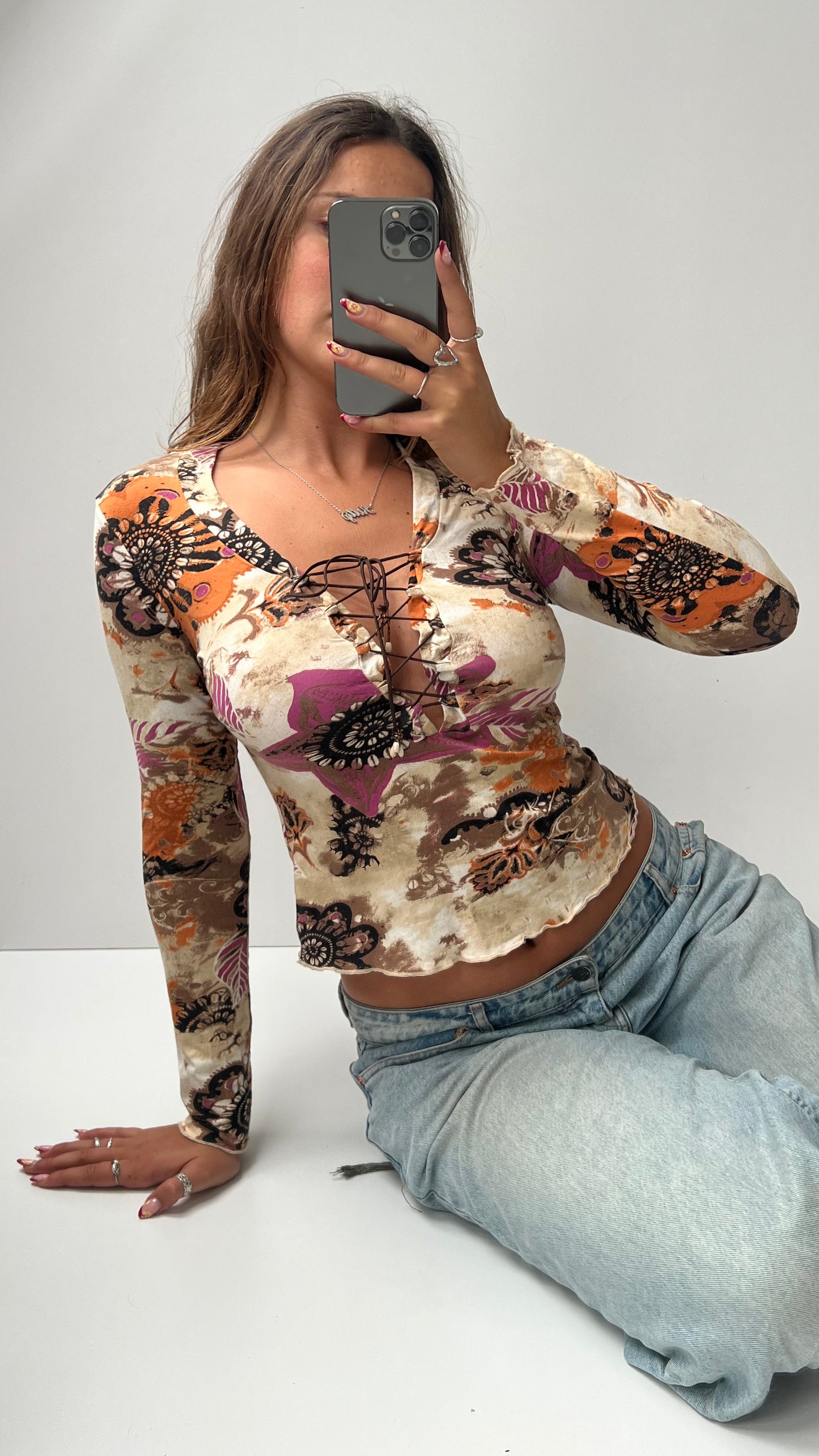 00s brown boho long sleeve top- size S