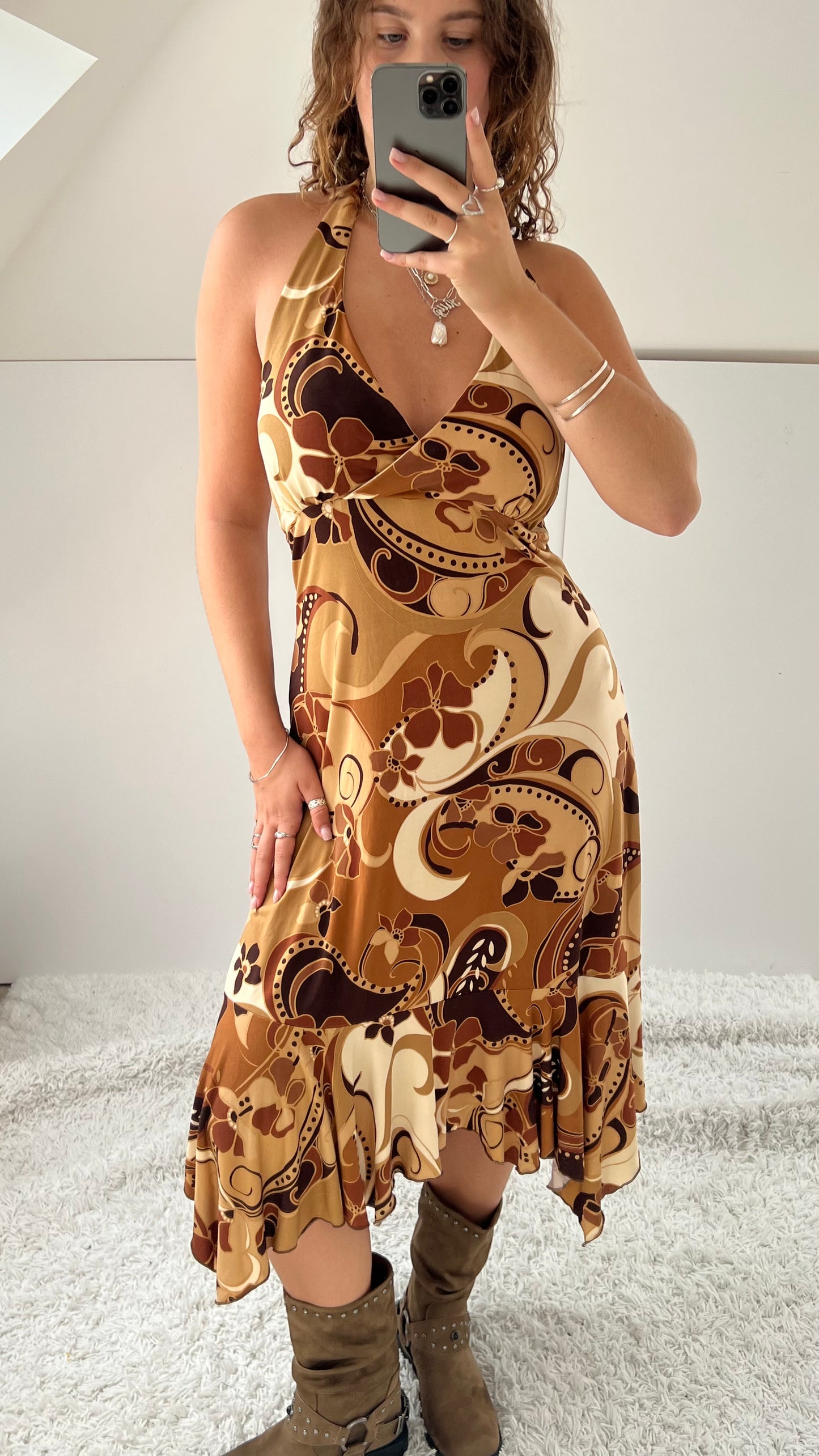 00s brown slinky midi dress- size L