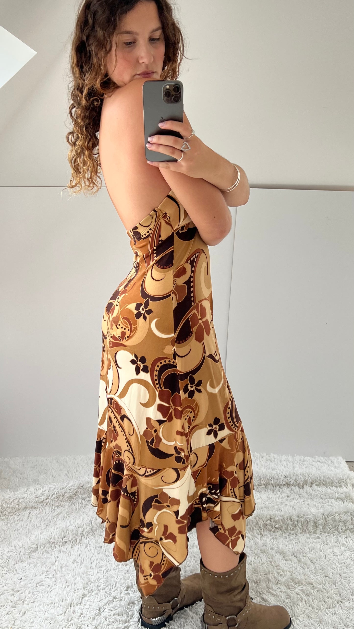 00s brown slinky midi dress- size L