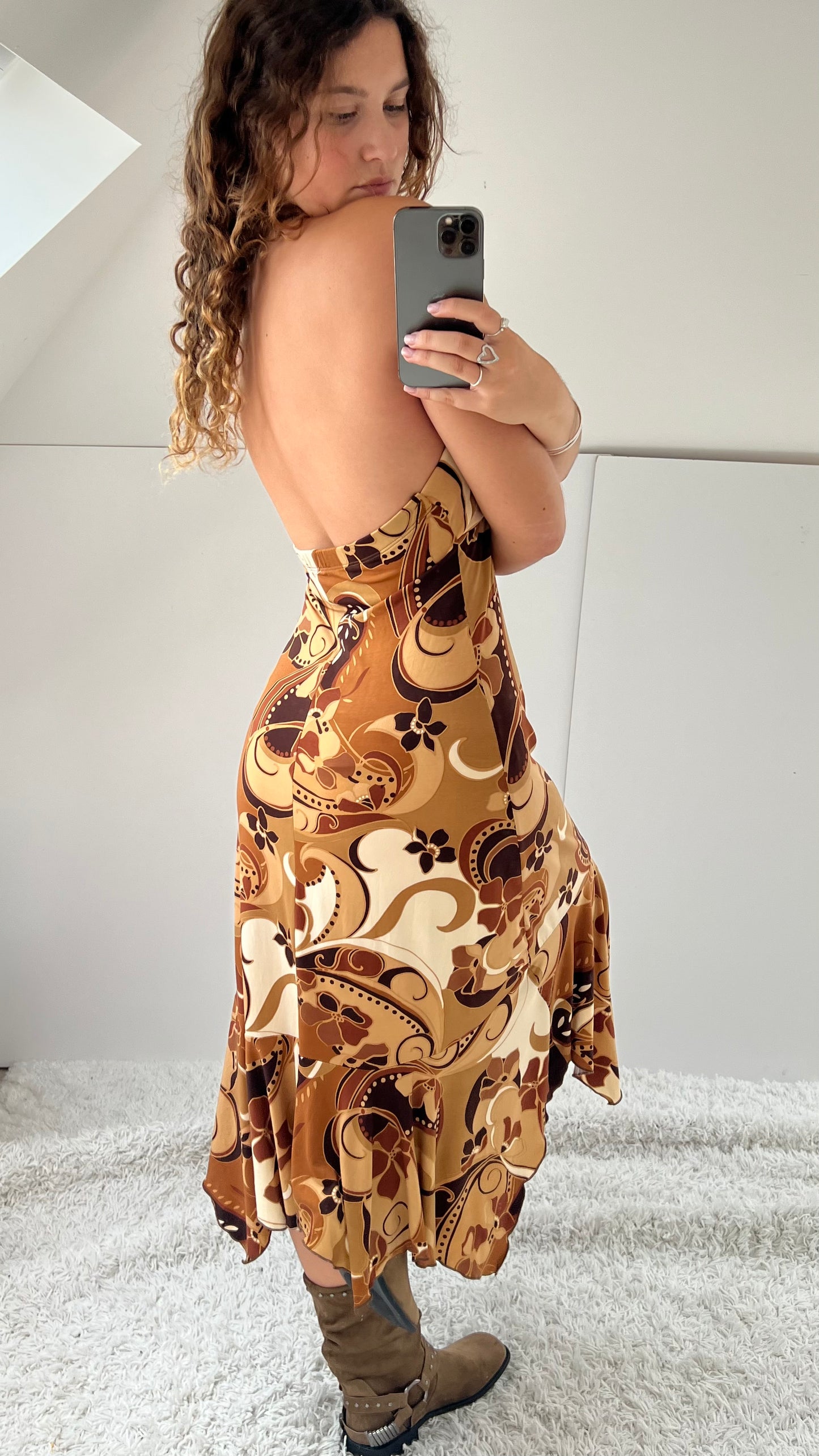 00s brown slinky midi dress- size L
