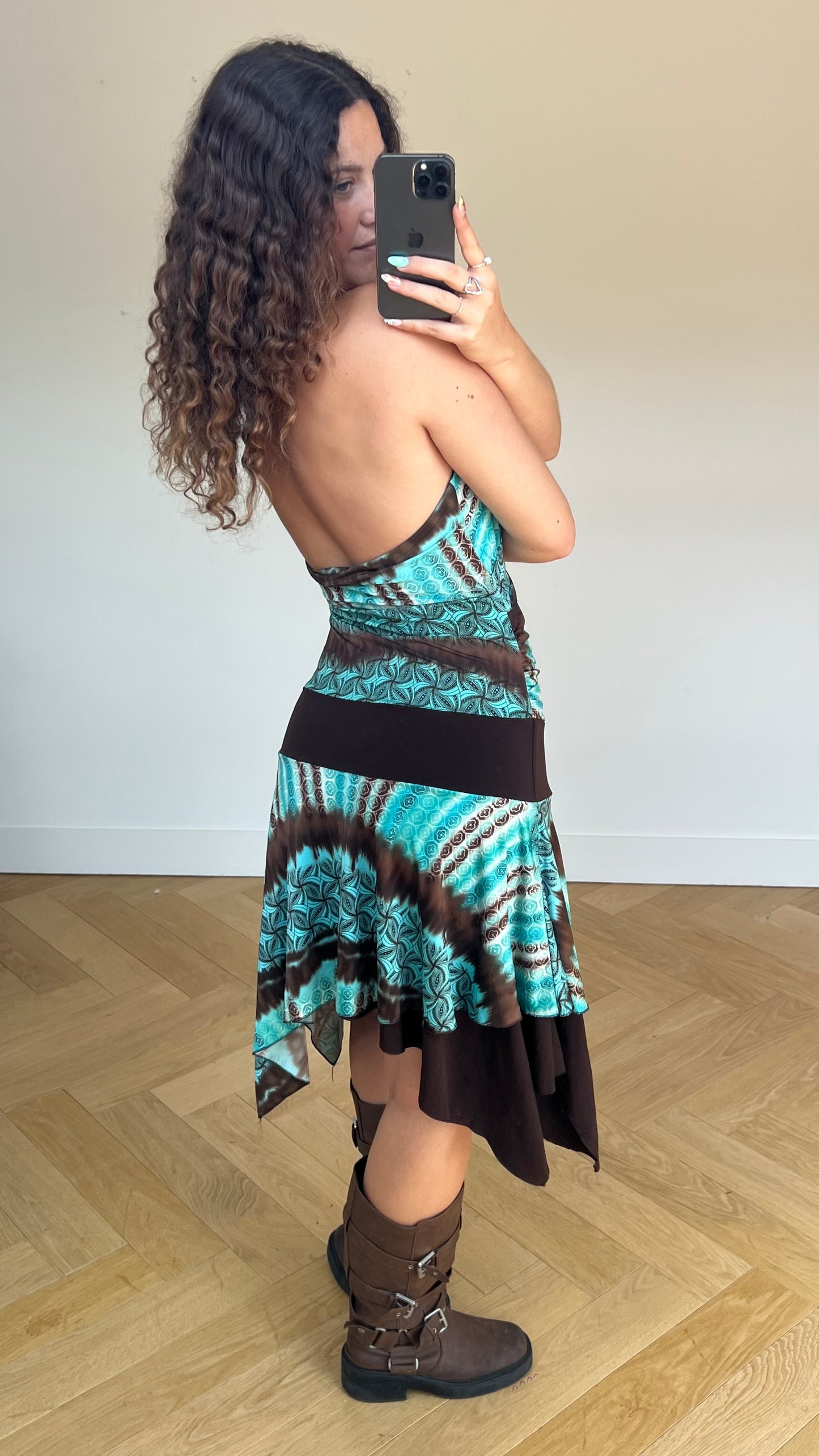00s blue brown midi dress- size M