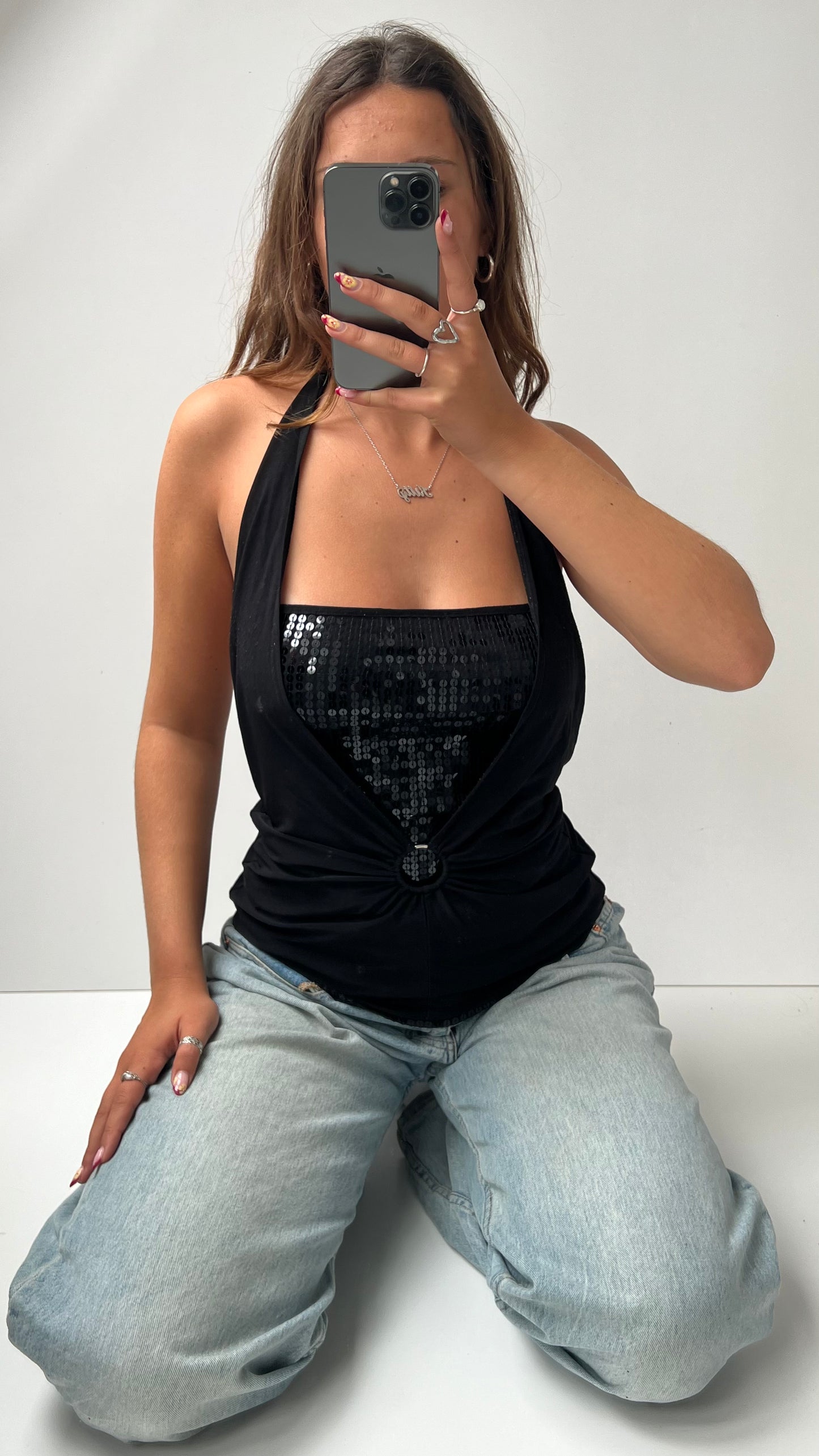 00s black halter sequin cami- size M