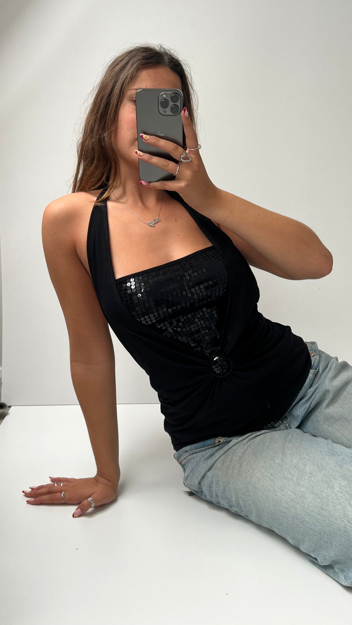 00s black halter sequin cami- size M