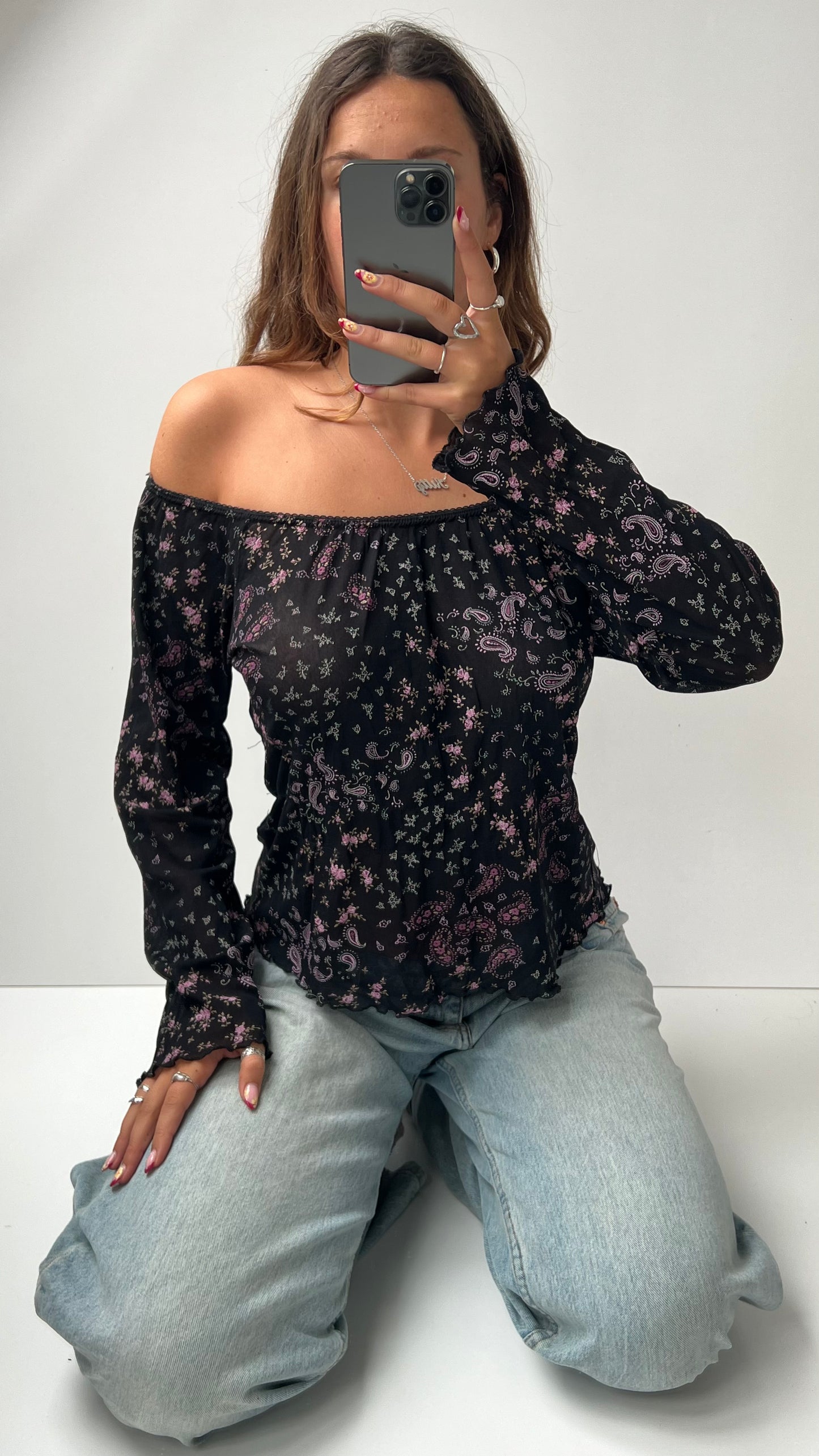 00s black pink floral mesh long sleeve top- size L