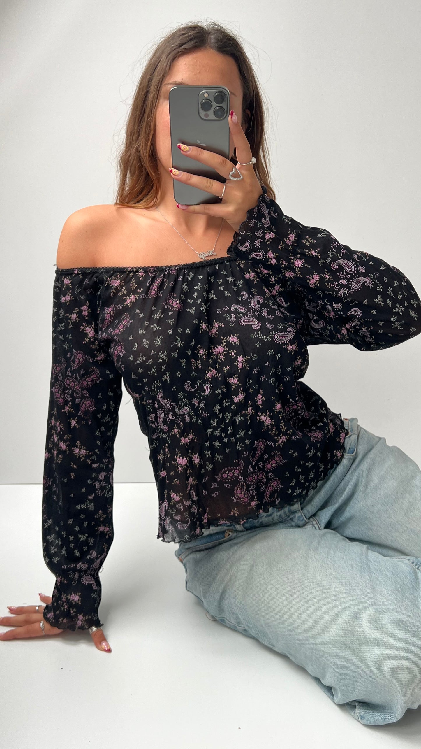 00s black pink floral mesh long sleeve top- size L