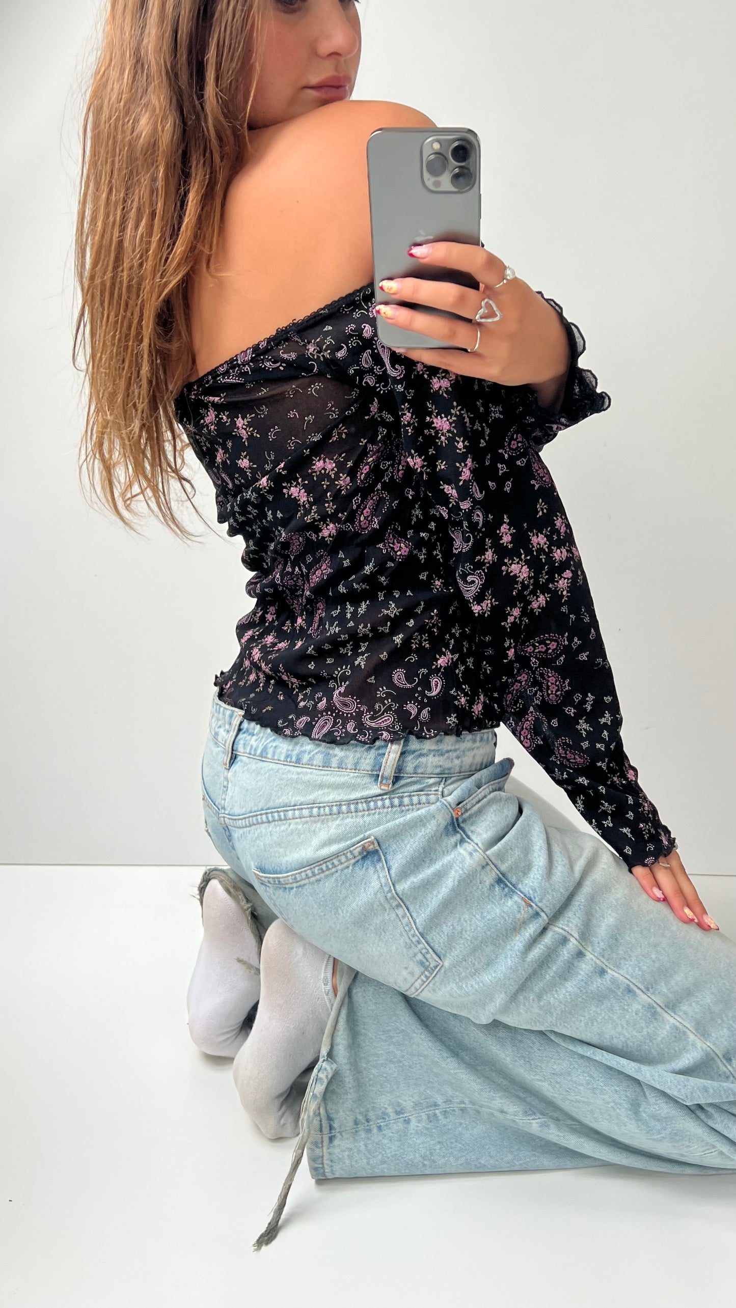 00s black pink floral mesh long sleeve top- size L