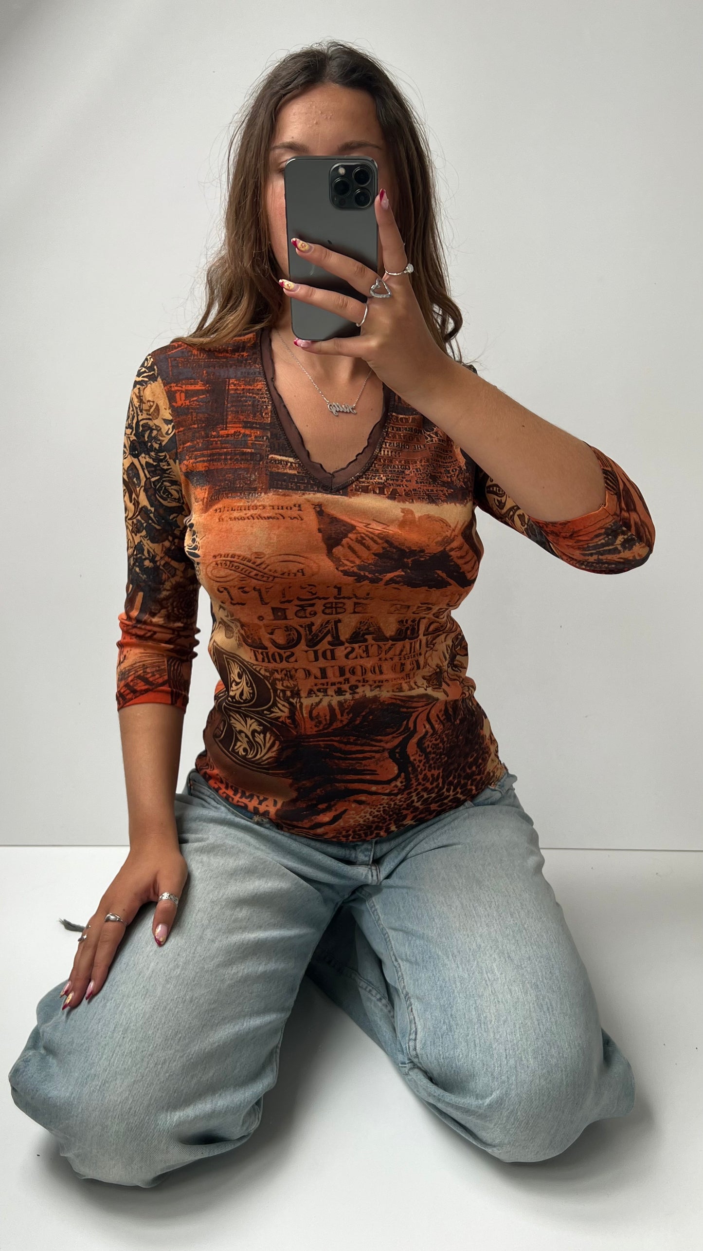 00s brown orange mesh long sleeve top- size M