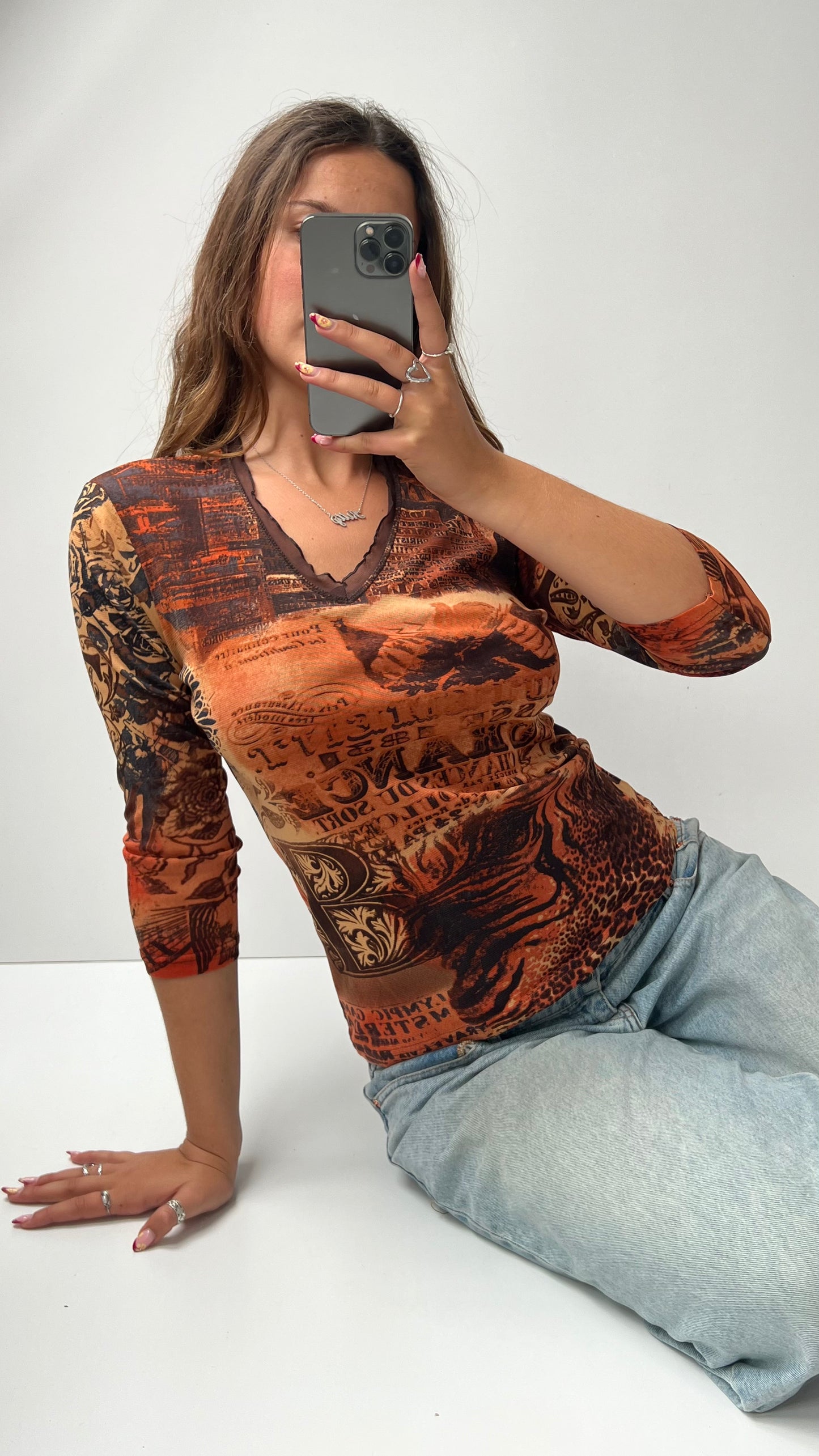 00s brown orange mesh long sleeve top- size M