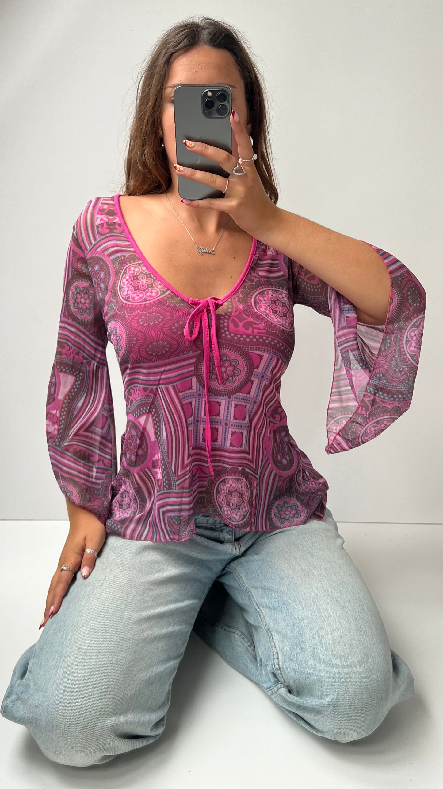 00s pink mesh long sleeve top- size M