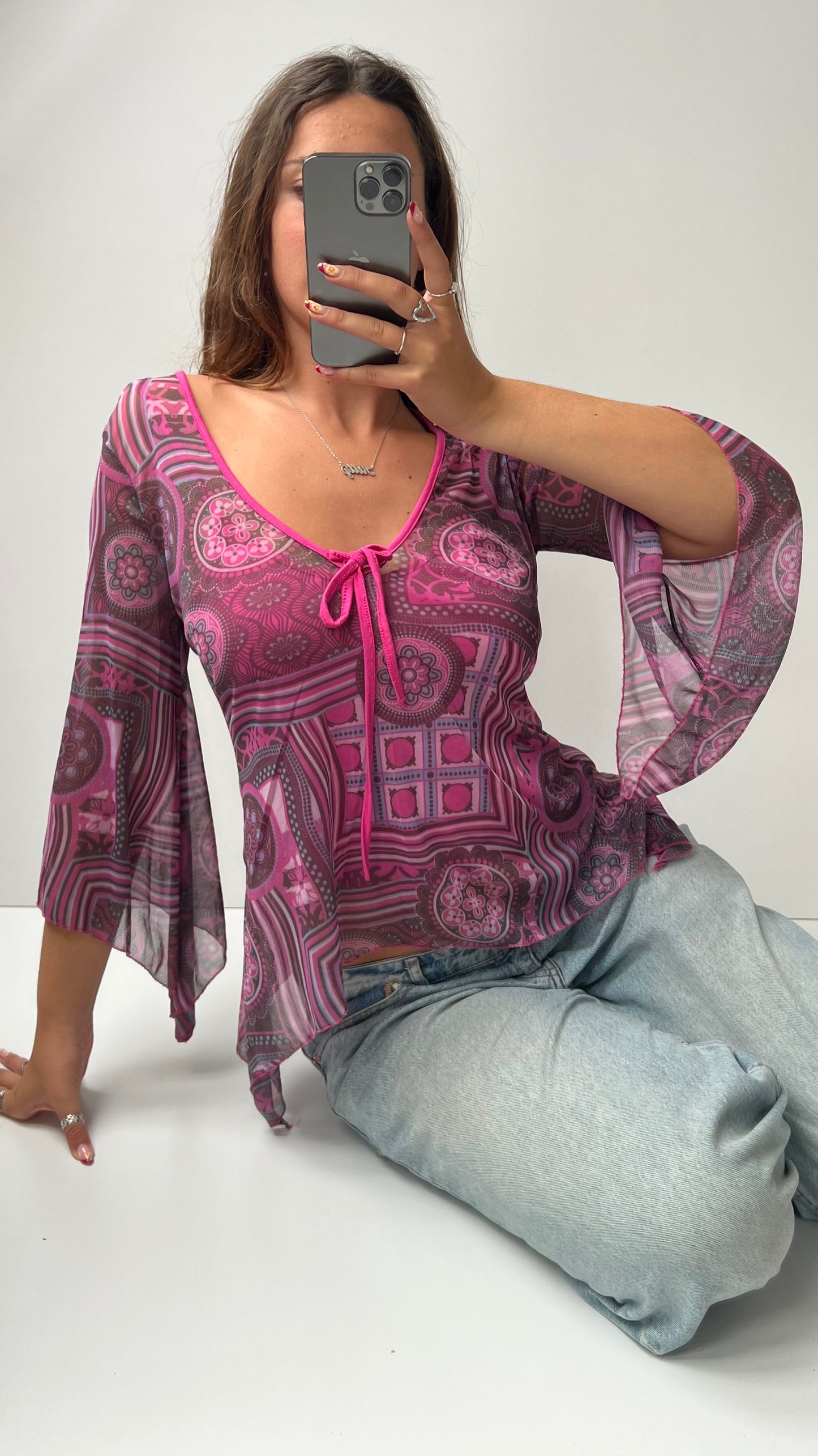 00s pink mesh long sleeve top- size M