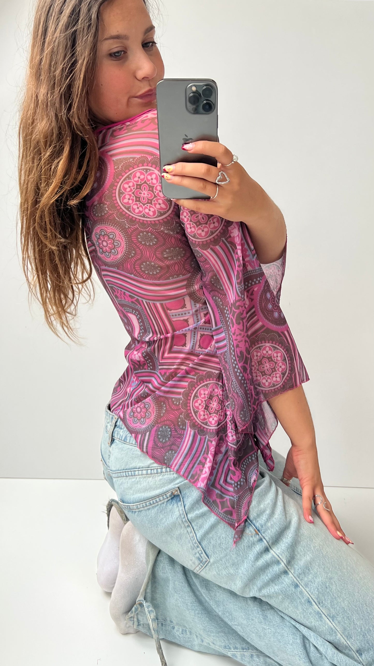 00s pink mesh long sleeve top- size M