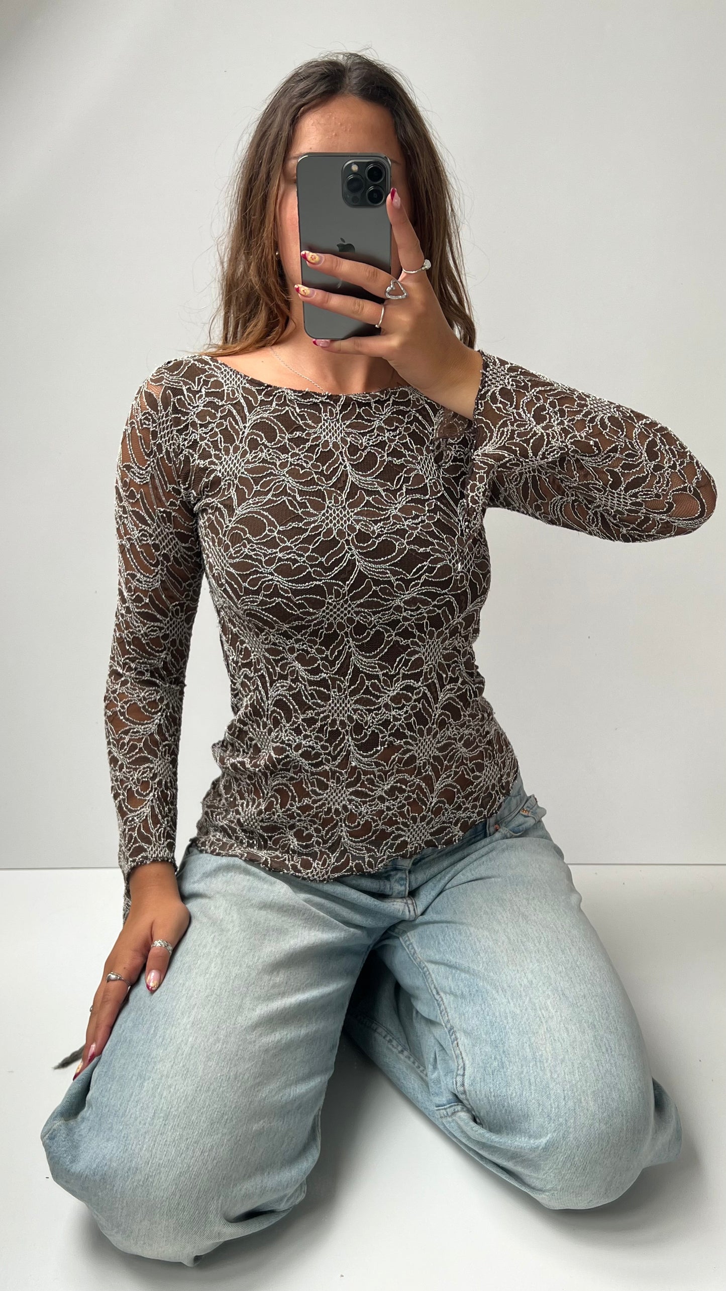 00s brown lace long sleeve top- size S