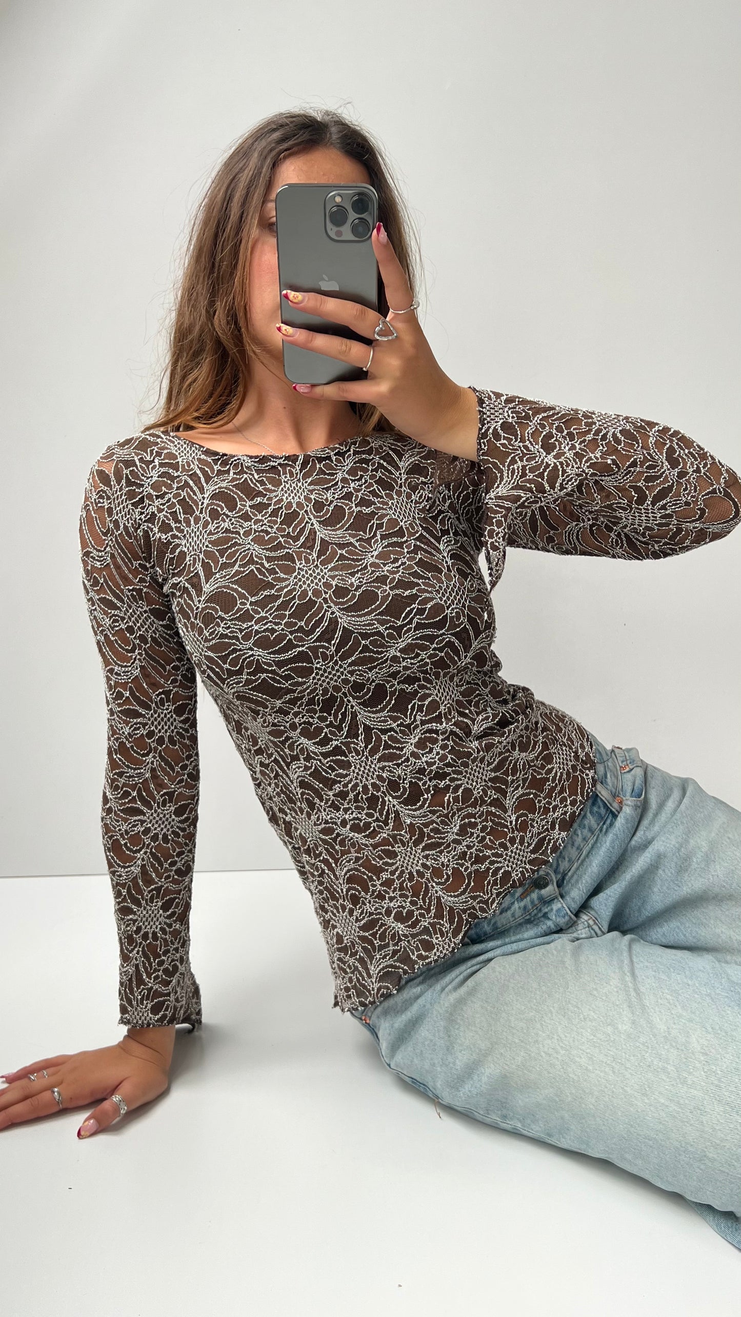 00s brown lace long sleeve top- size S