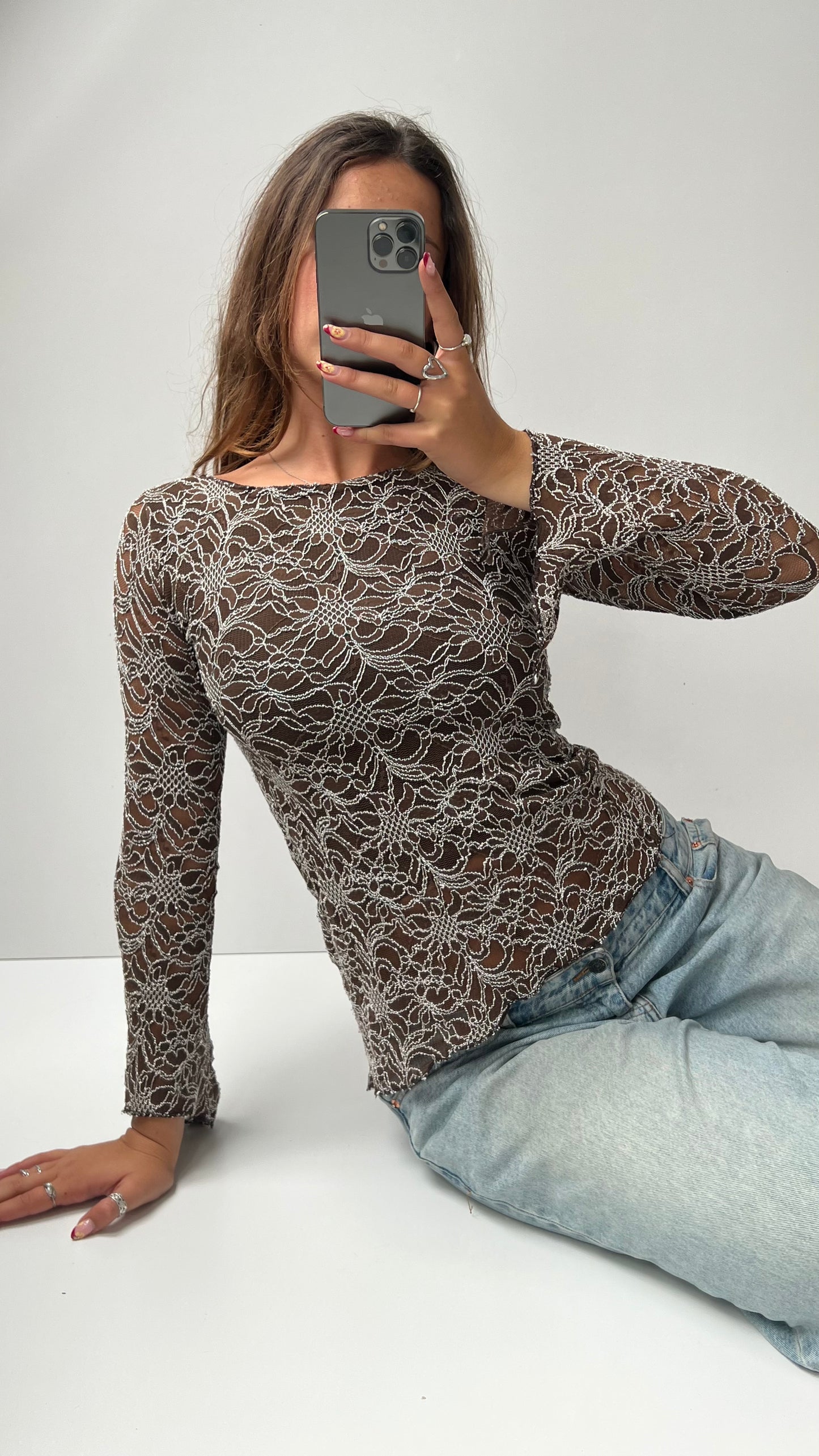 00s brown lace long sleeve top- size S