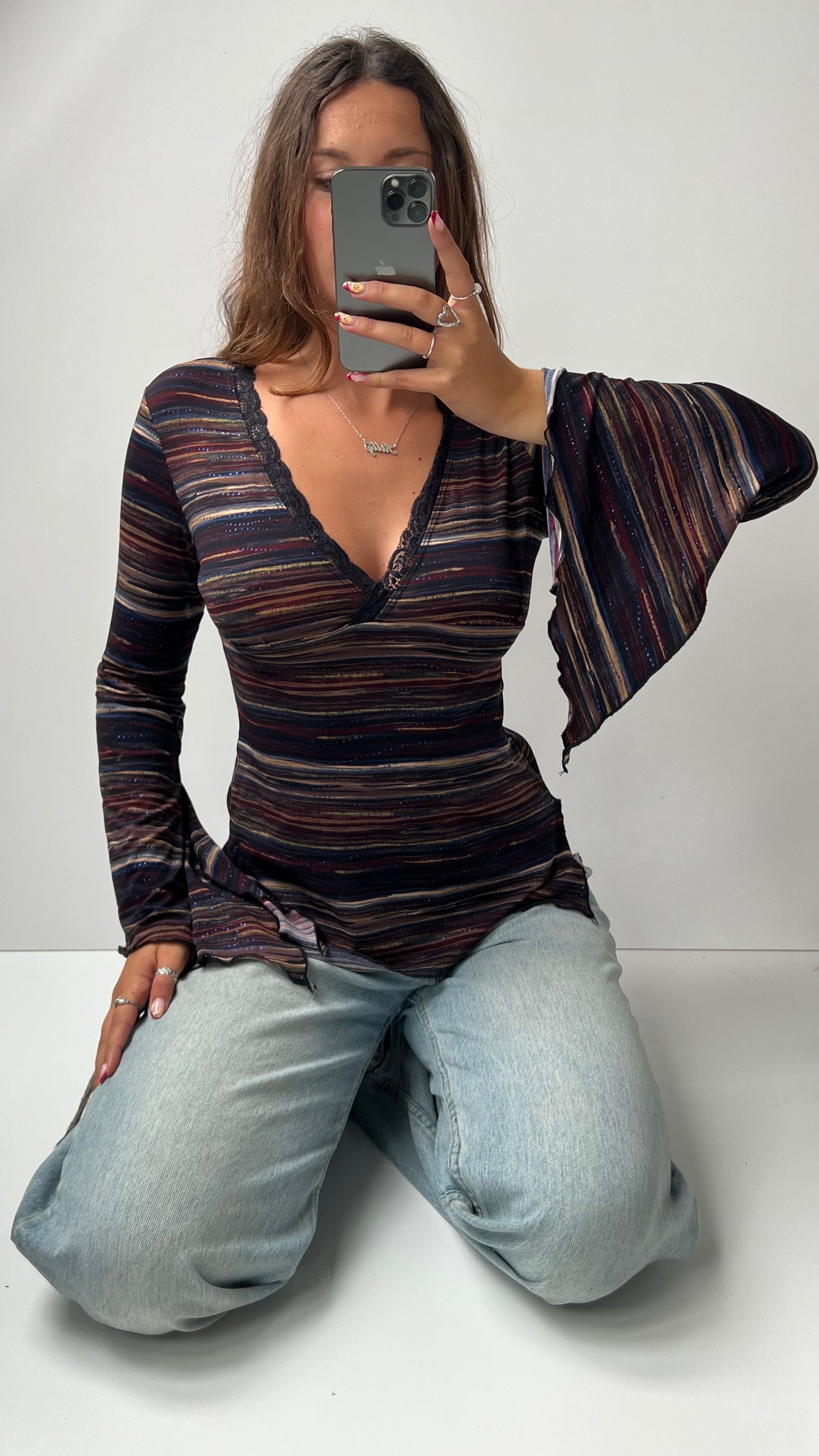 00s blue brown striped long sleeve top- size S/M