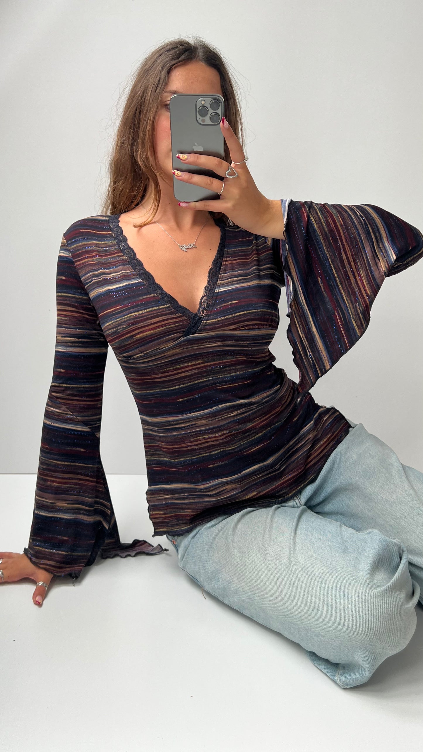 00s blue brown striped long sleeve top- size S/M
