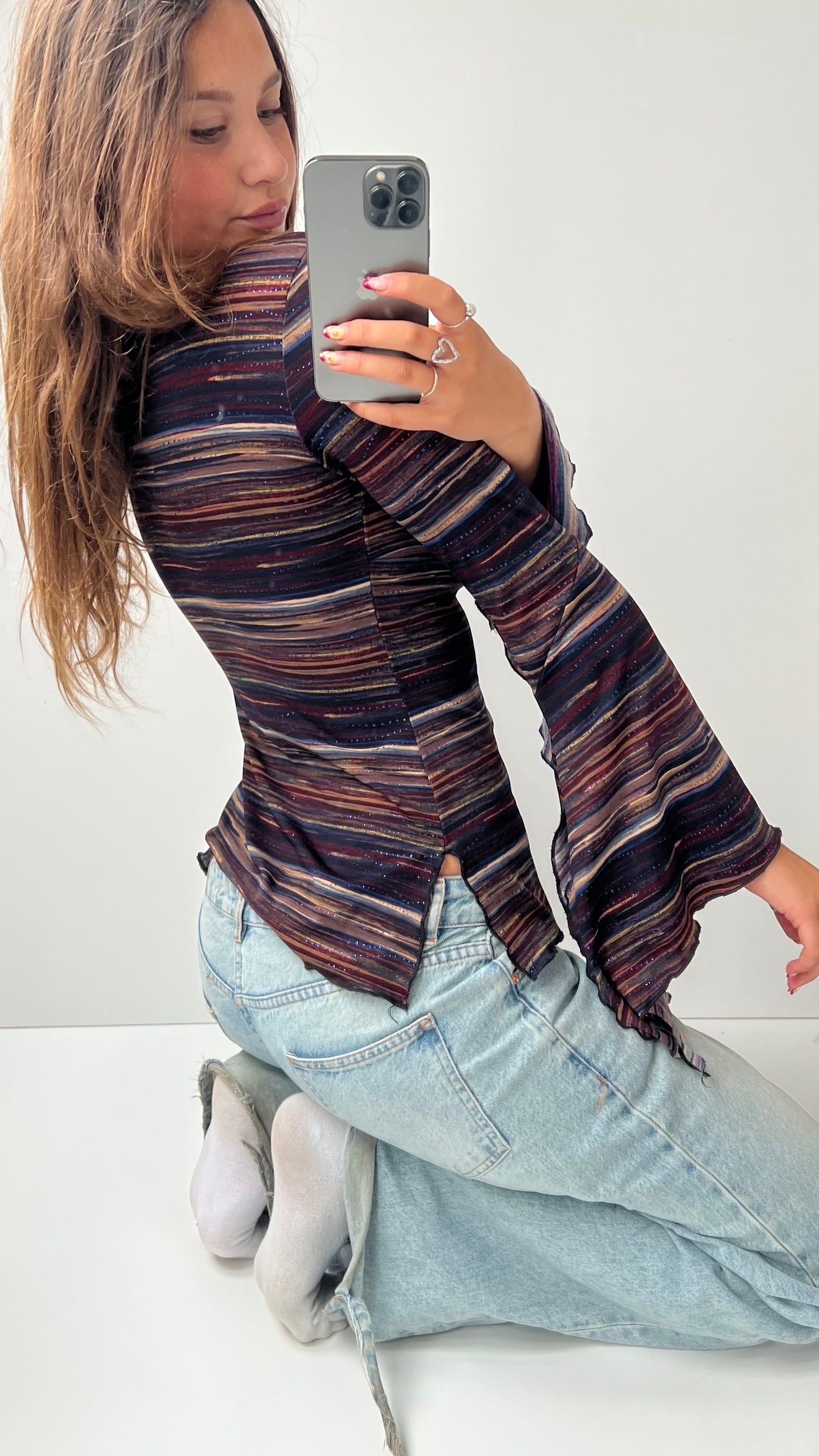 00s blue brown striped long sleeve top- size S/M