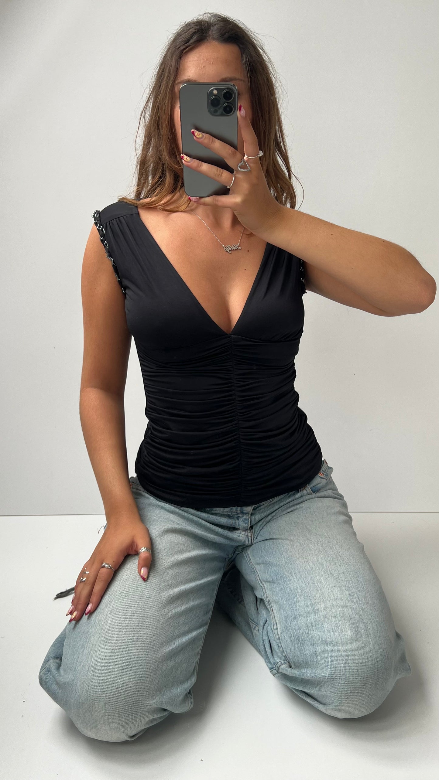 00s black ruched top- size S