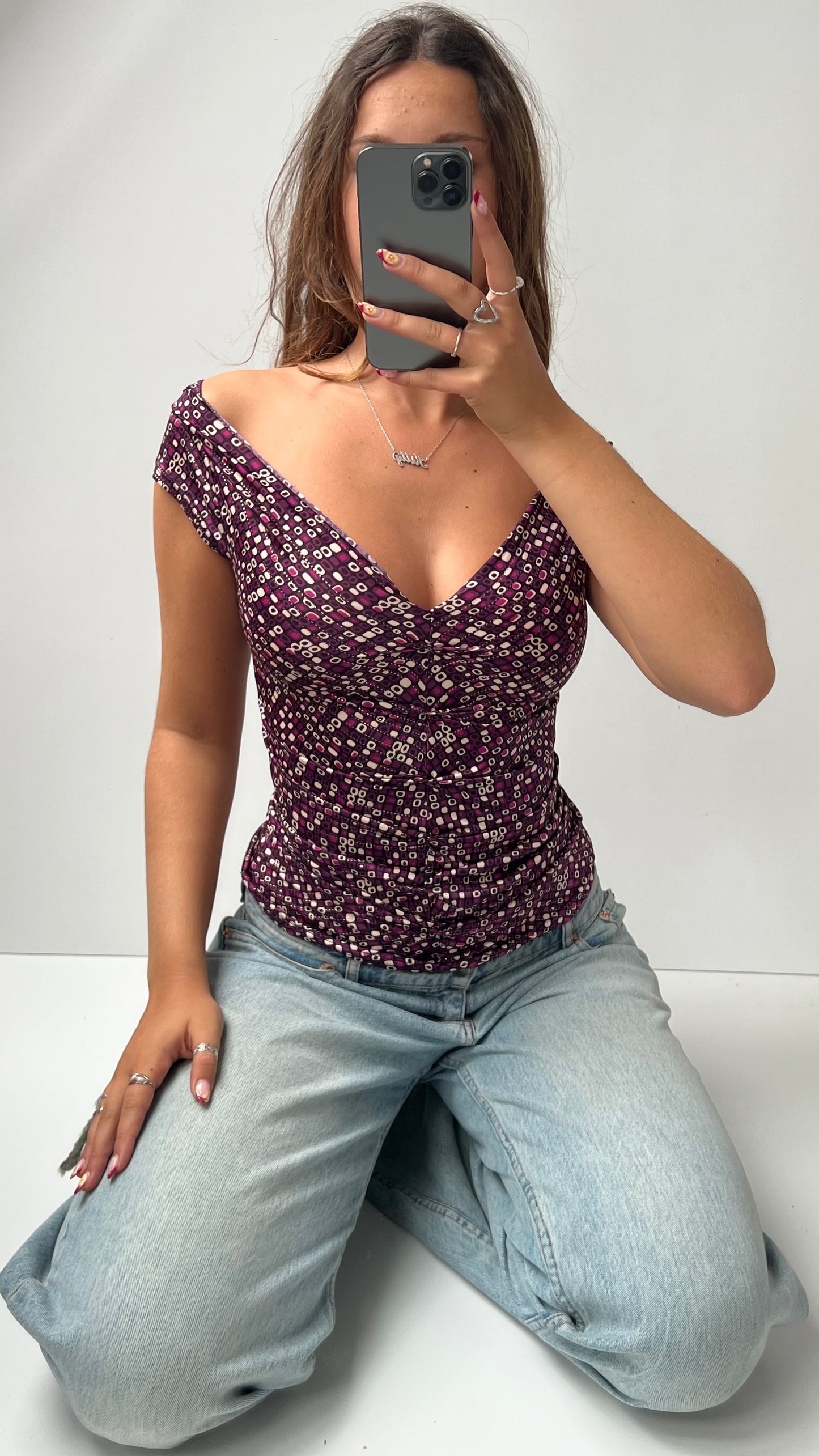 00s purple patterned top- size S