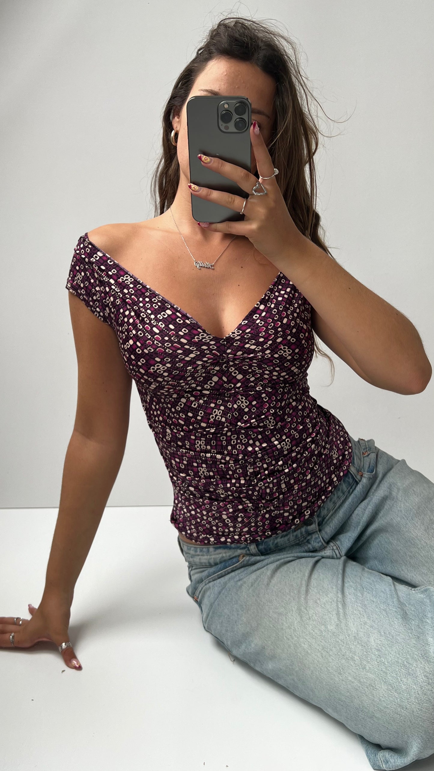 00s purple patterned top- size S