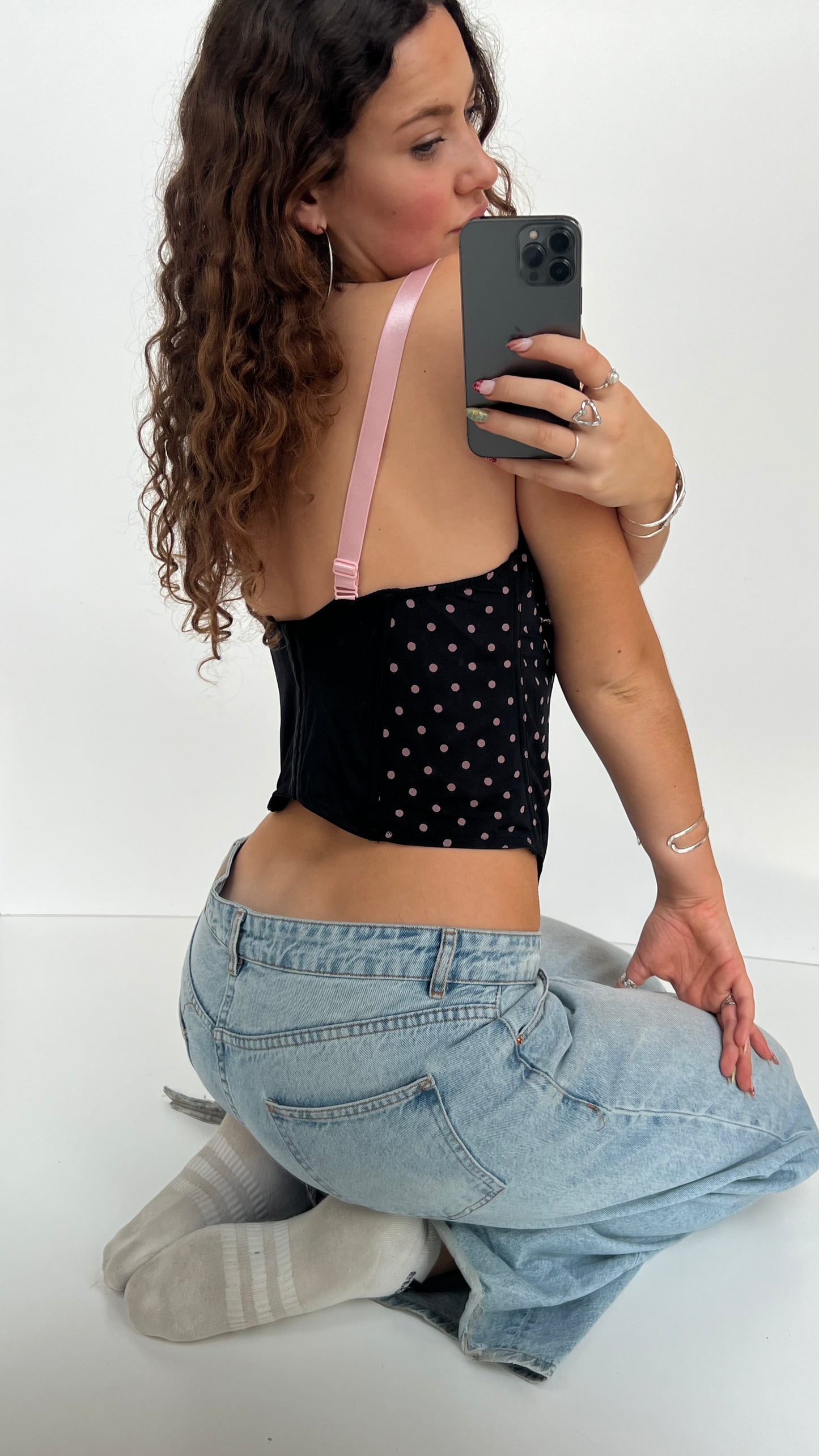 00s black pink polka dot corset- size L