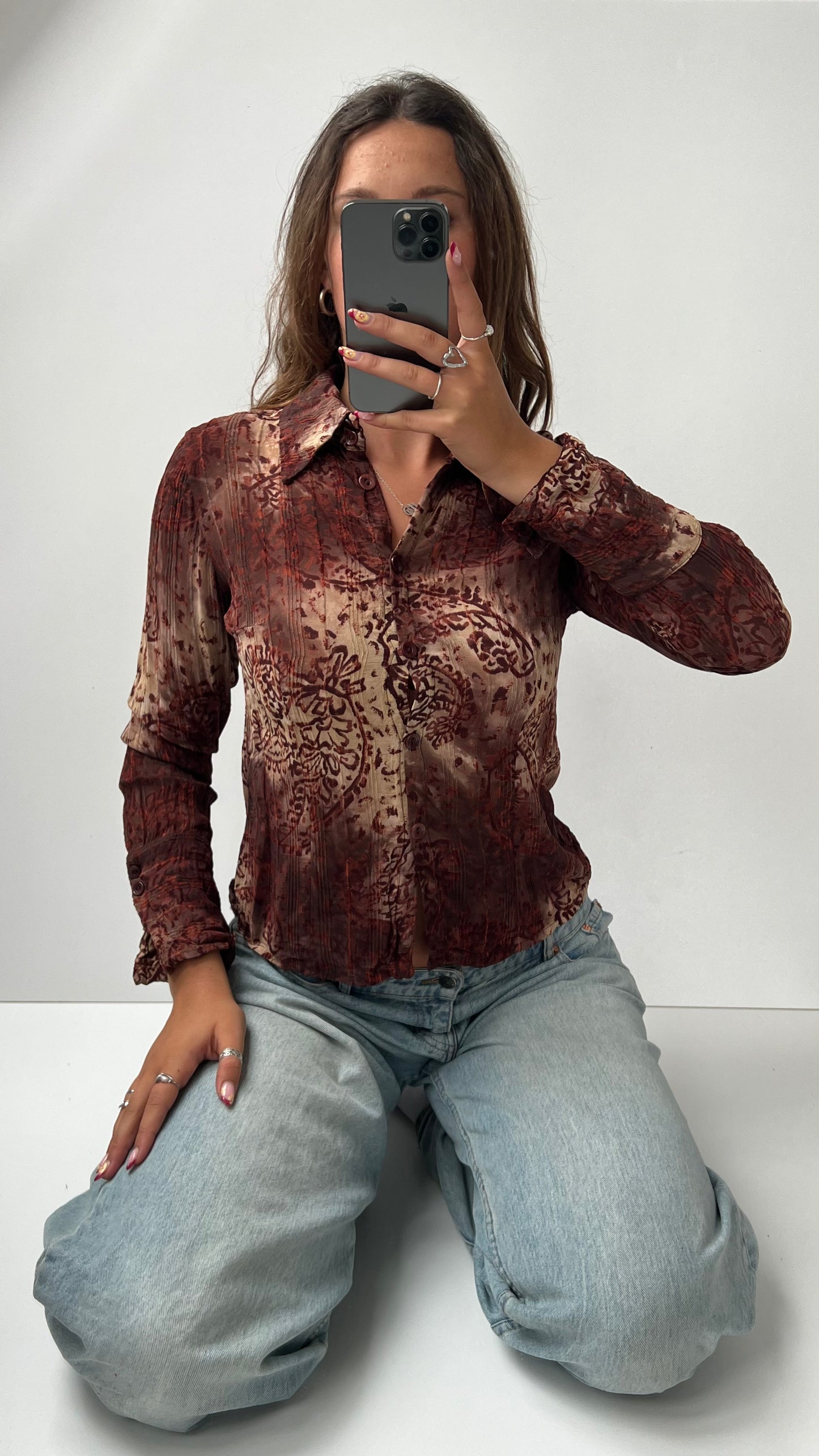 00s brown boho mesh shirt- size S