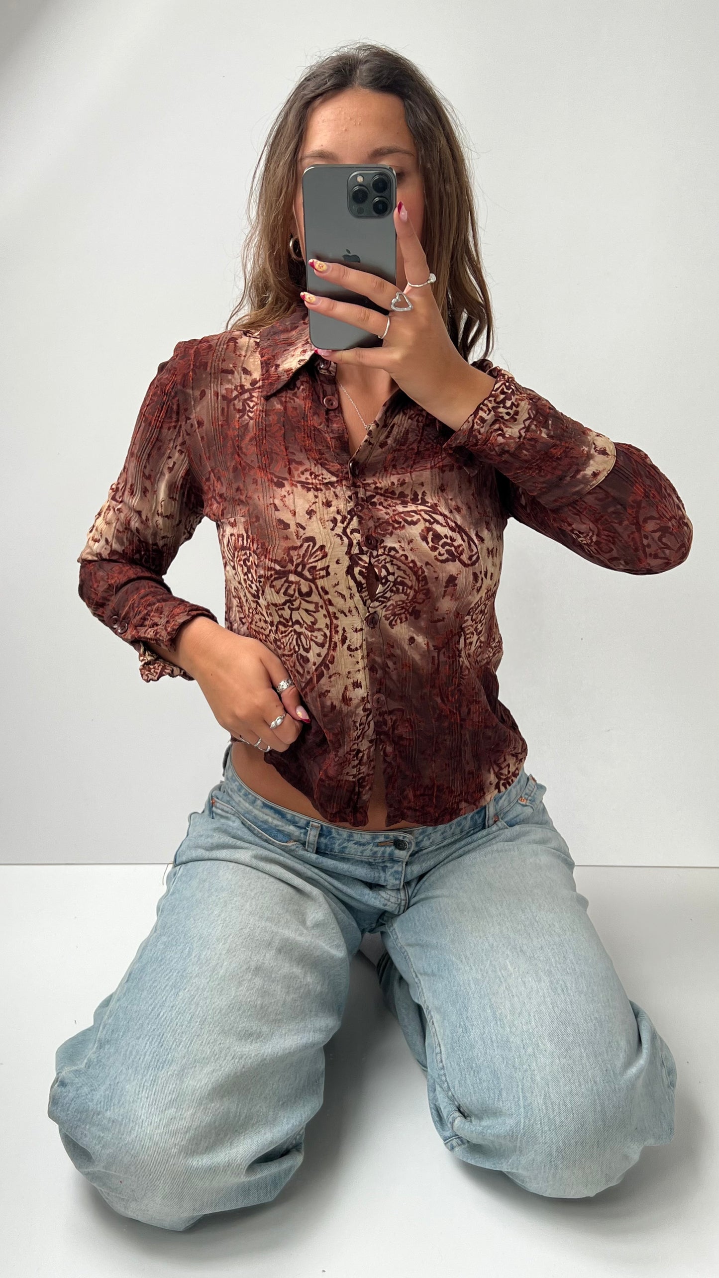 00s brown boho mesh shirt- size S
