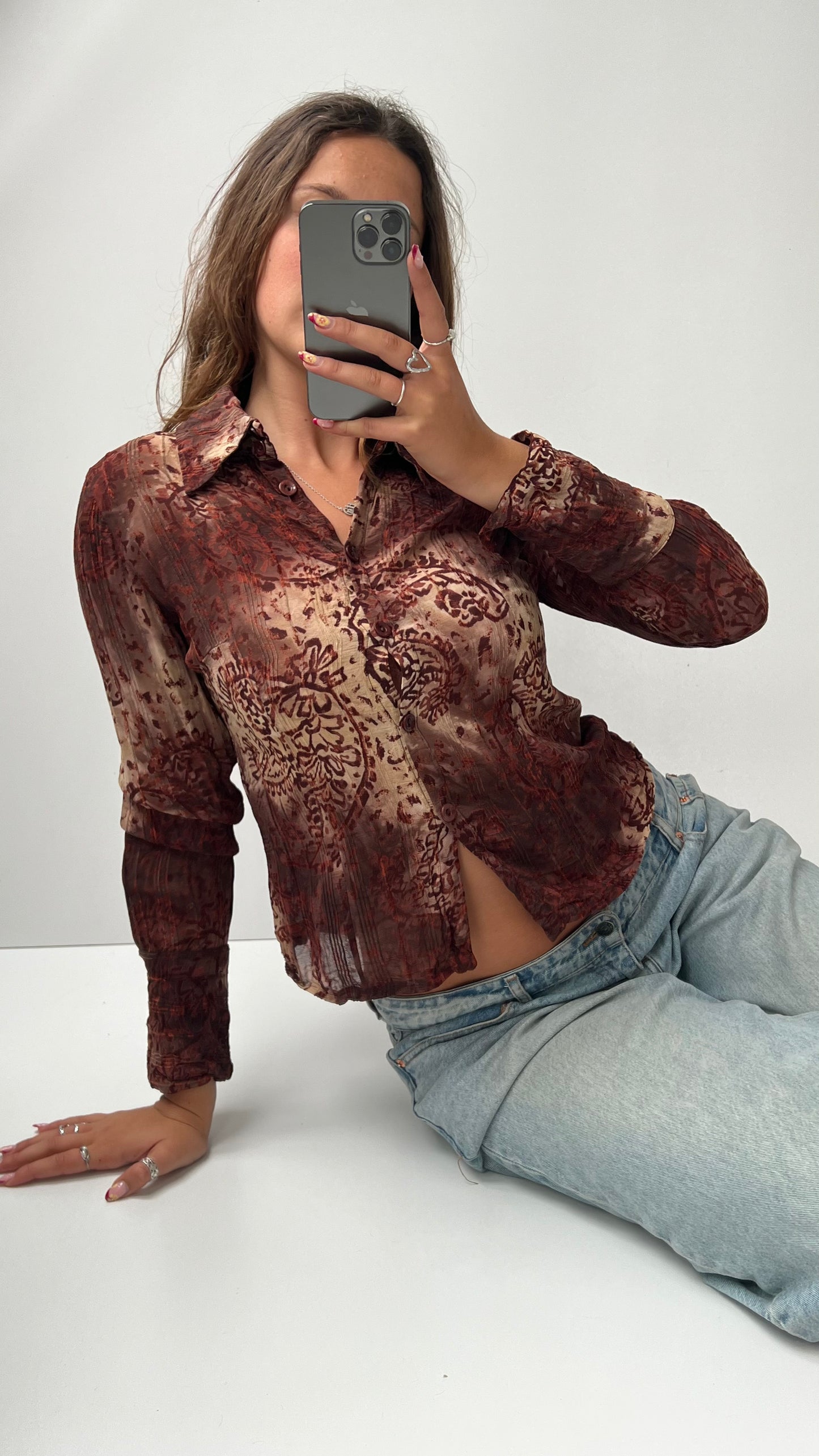 00s brown boho mesh shirt- size S