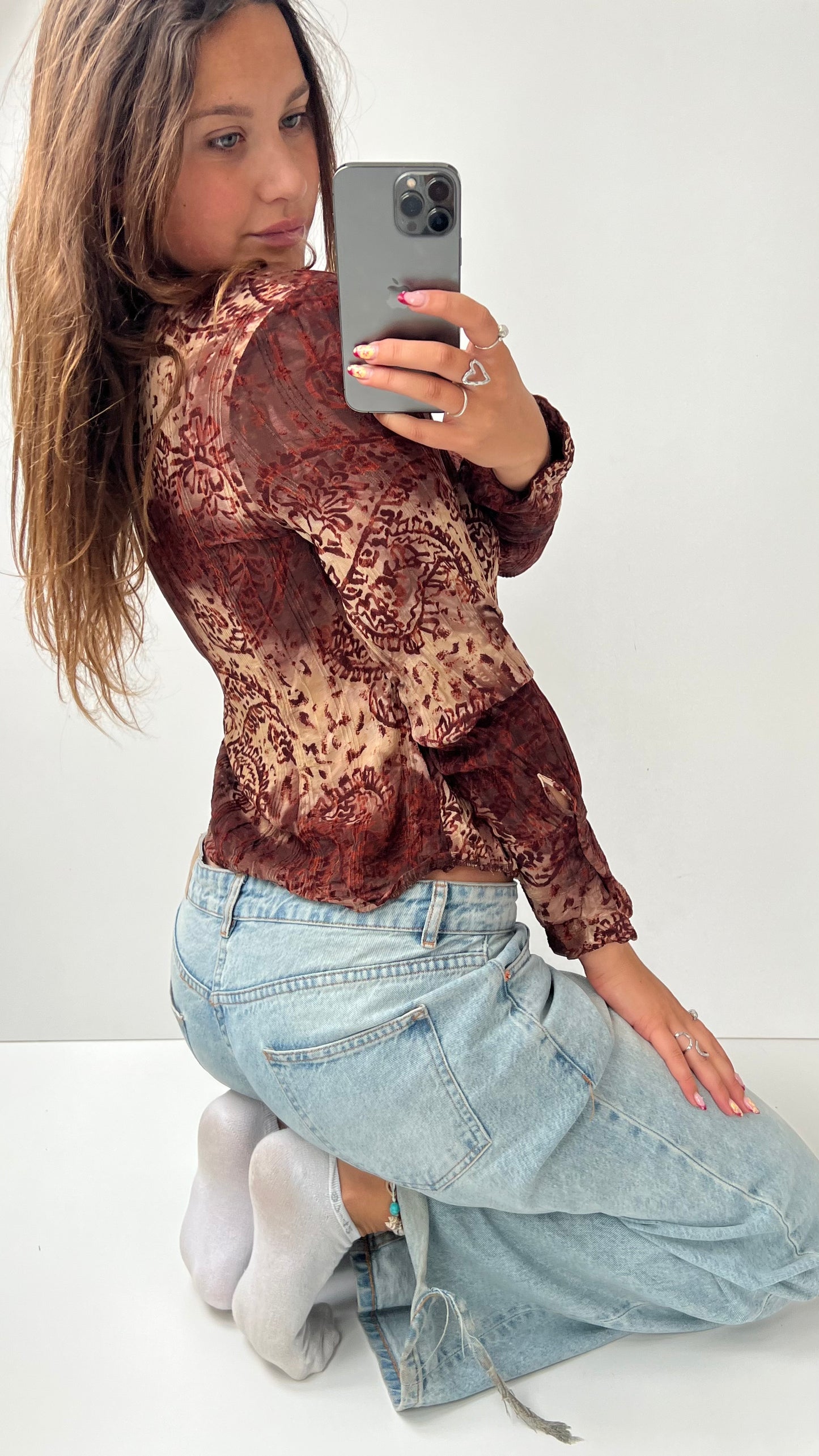 00s brown boho mesh shirt- size S