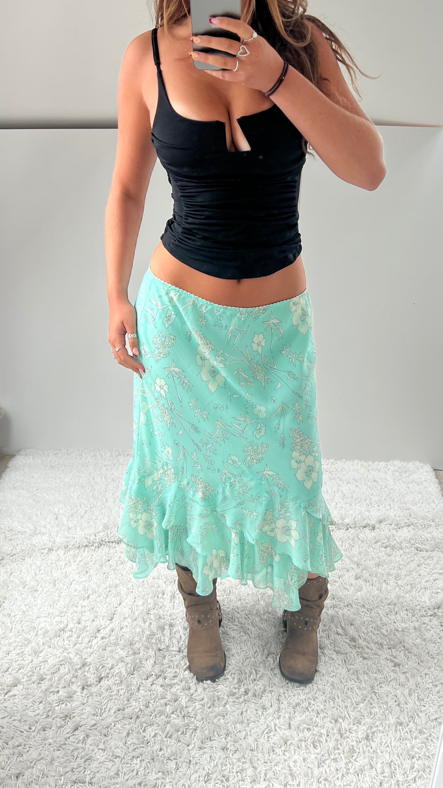 00s blue floral mesh midi skirt- size M