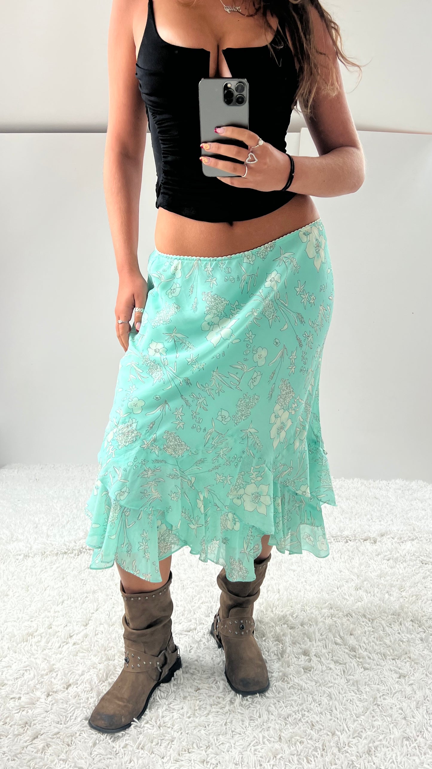 00s blue floral mesh midi skirt- size M