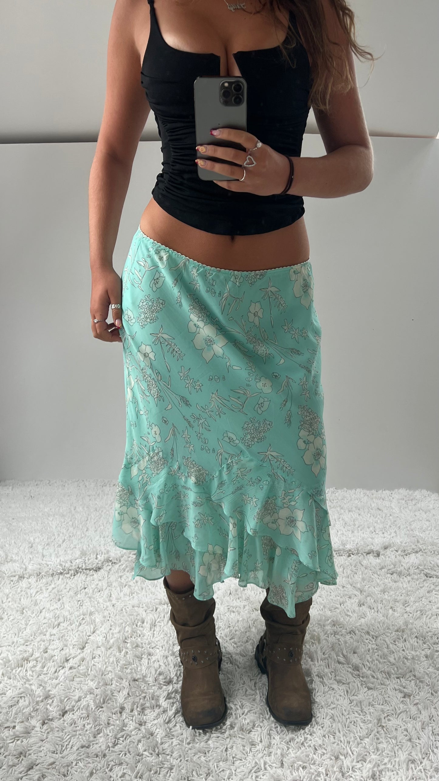 00s blue floral mesh midi skirt- size M