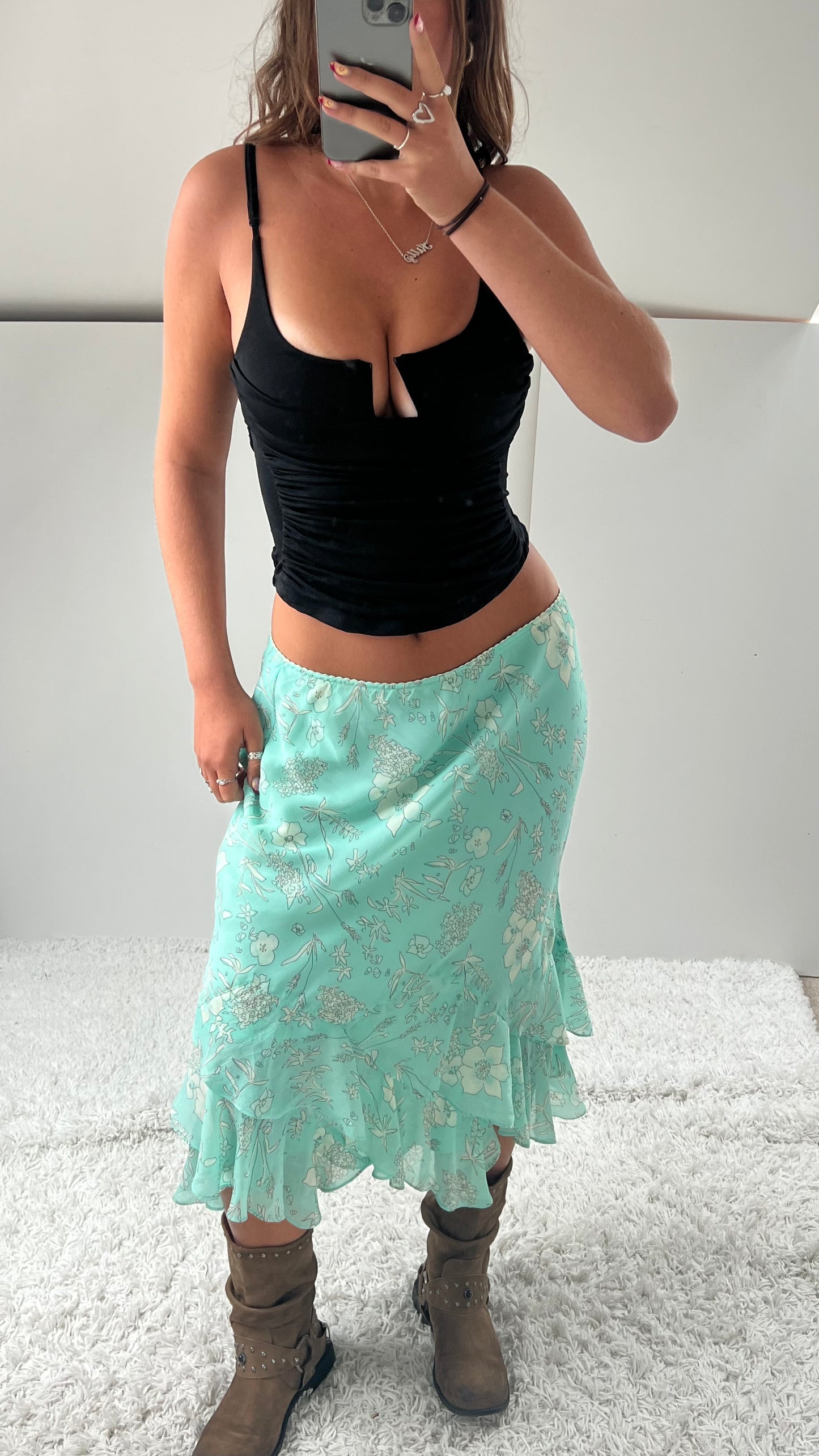 00s blue floral mesh midi skirt- size M