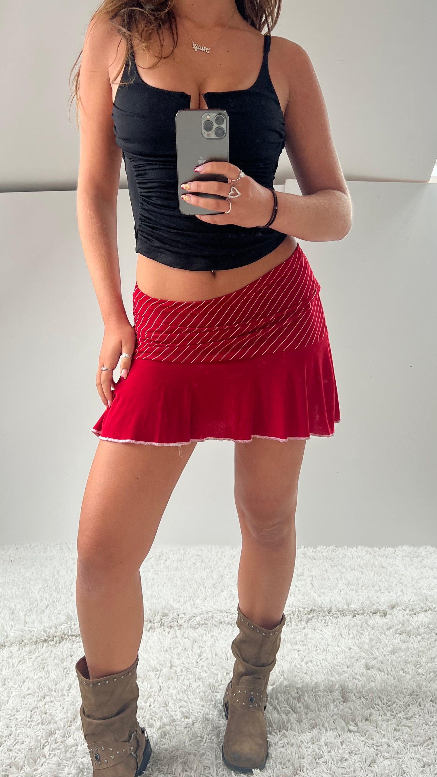 00s red striped mini skirt- size M