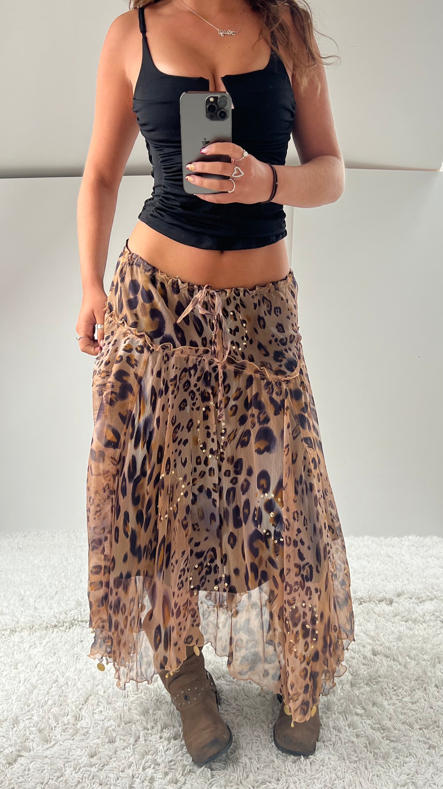 00s mesh leopard print maxi skirt- size M