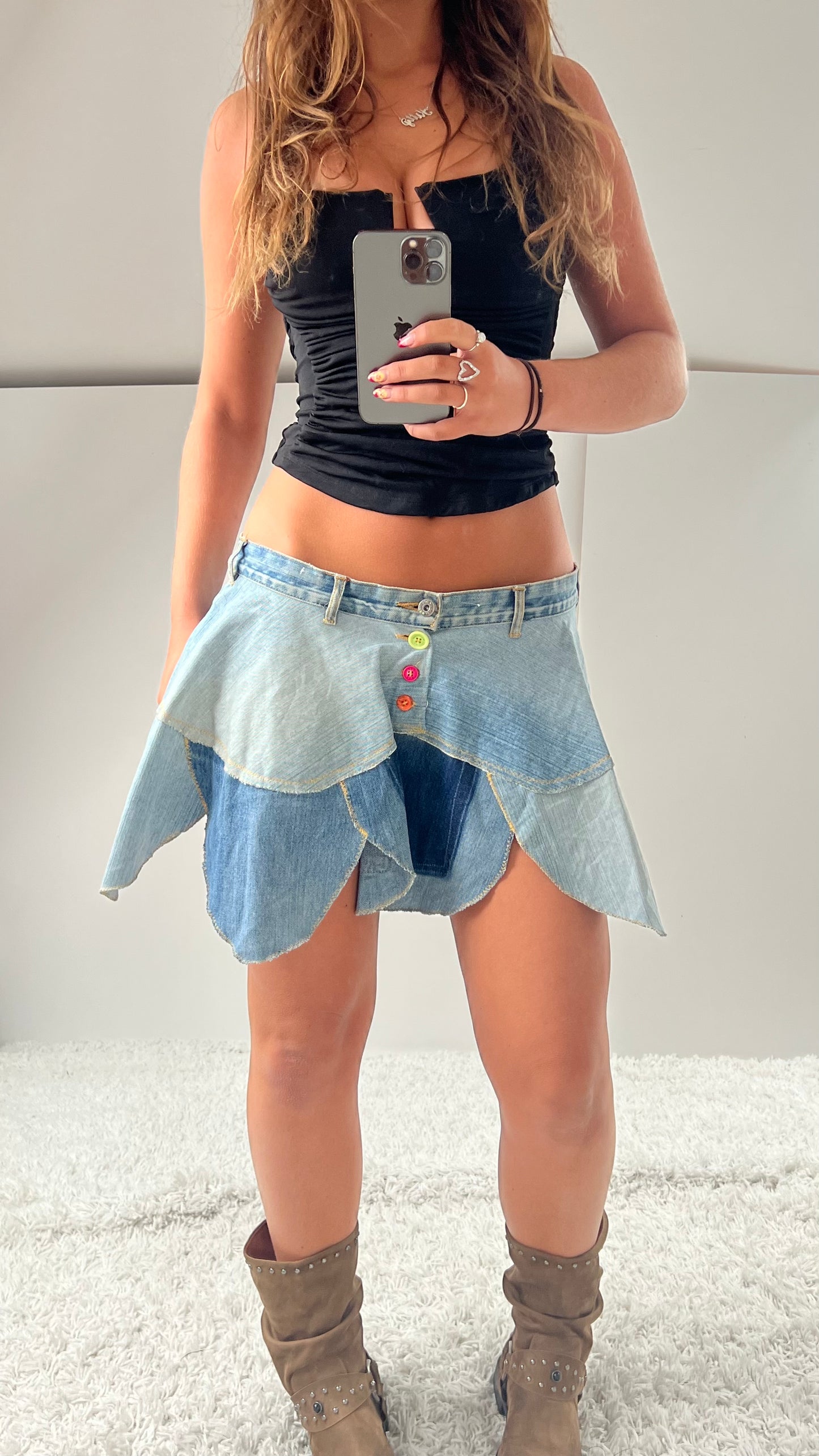 00s denim petal mini skirt- size L