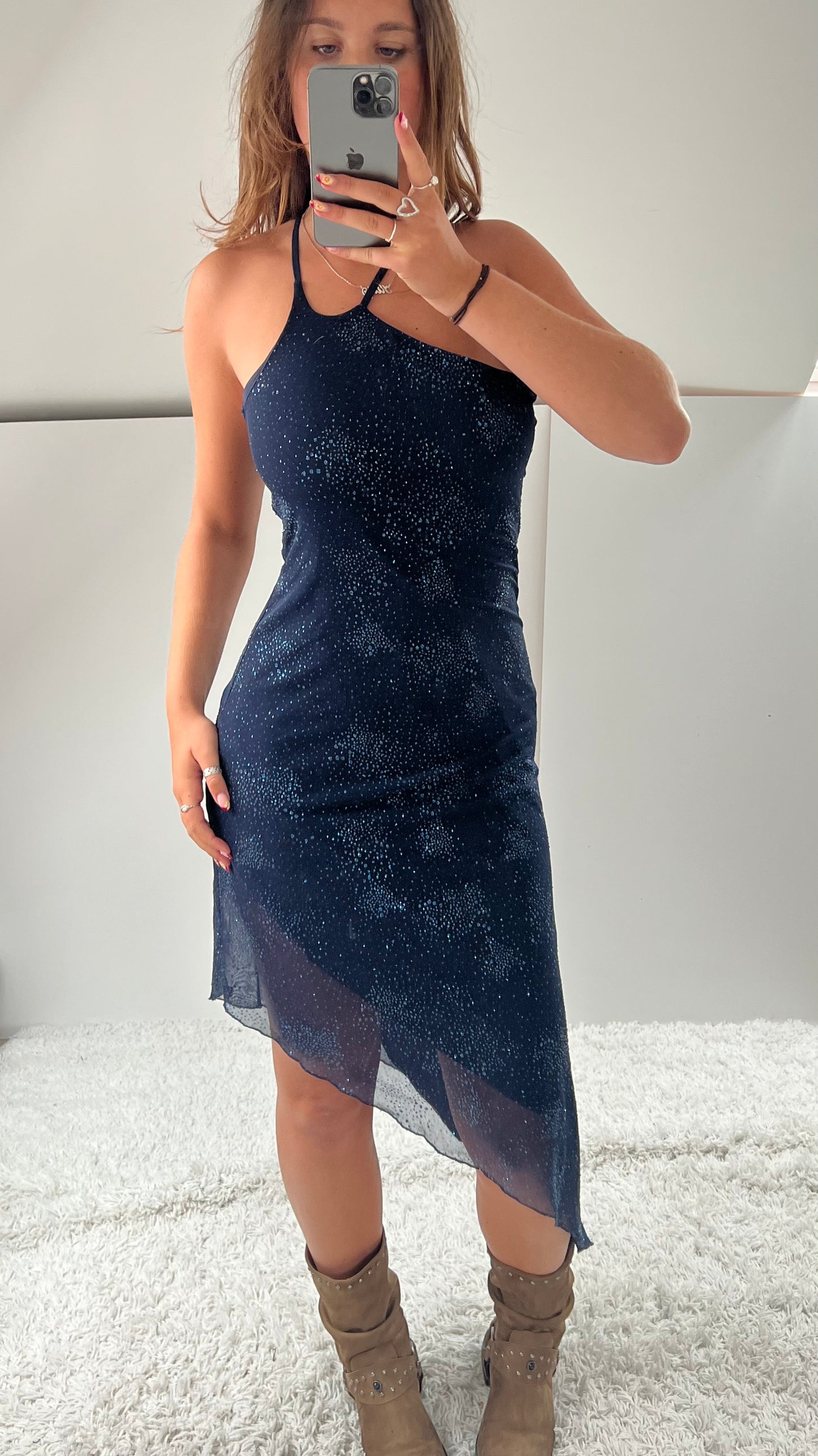 00s navy glitter midi dress- size S
