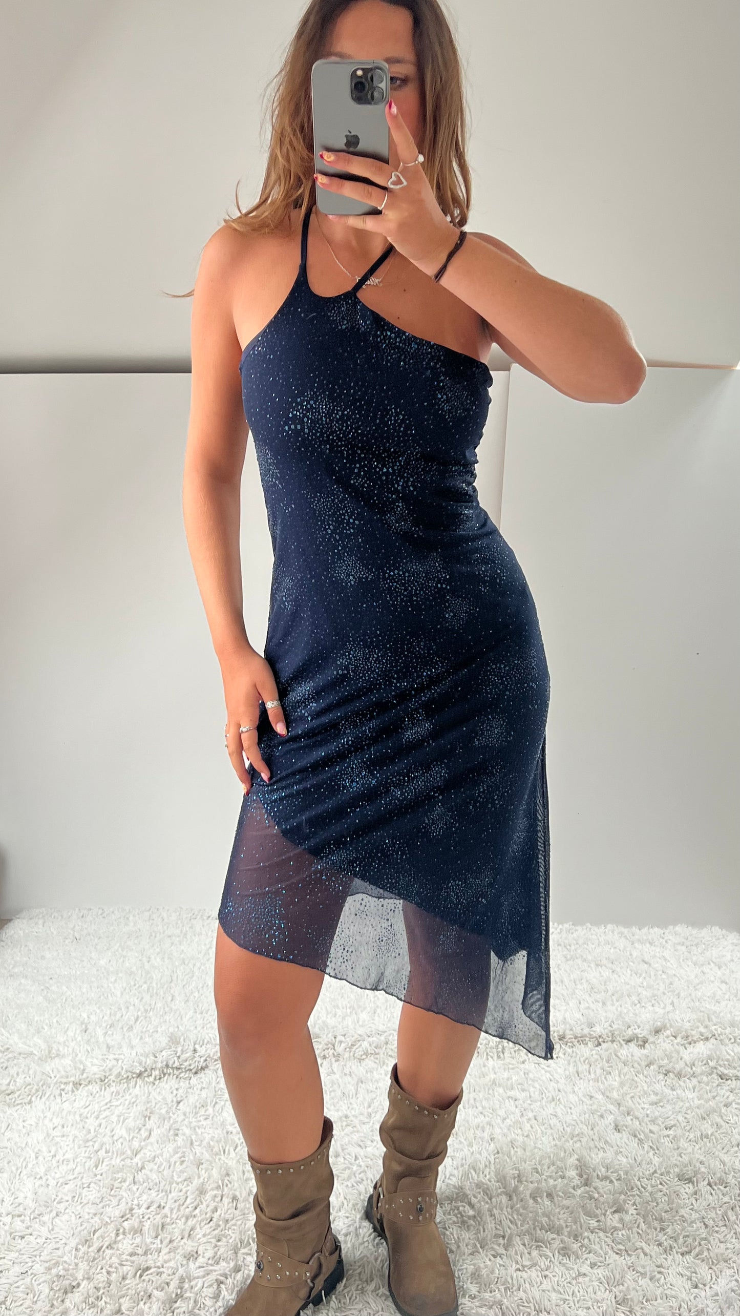 00s navy glitter midi dress- size S