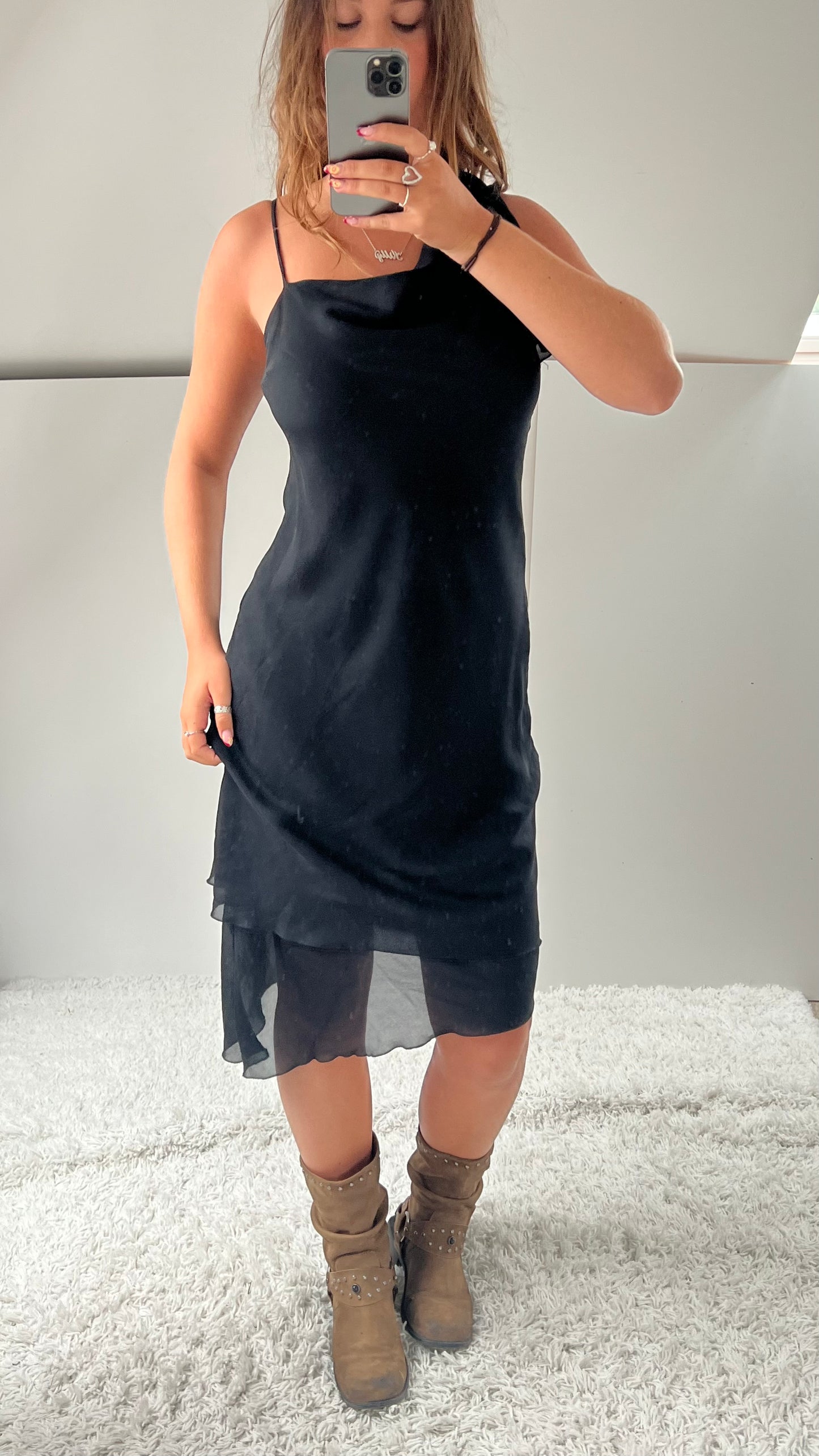 00s black mesh asymmetrical midi dress- size M