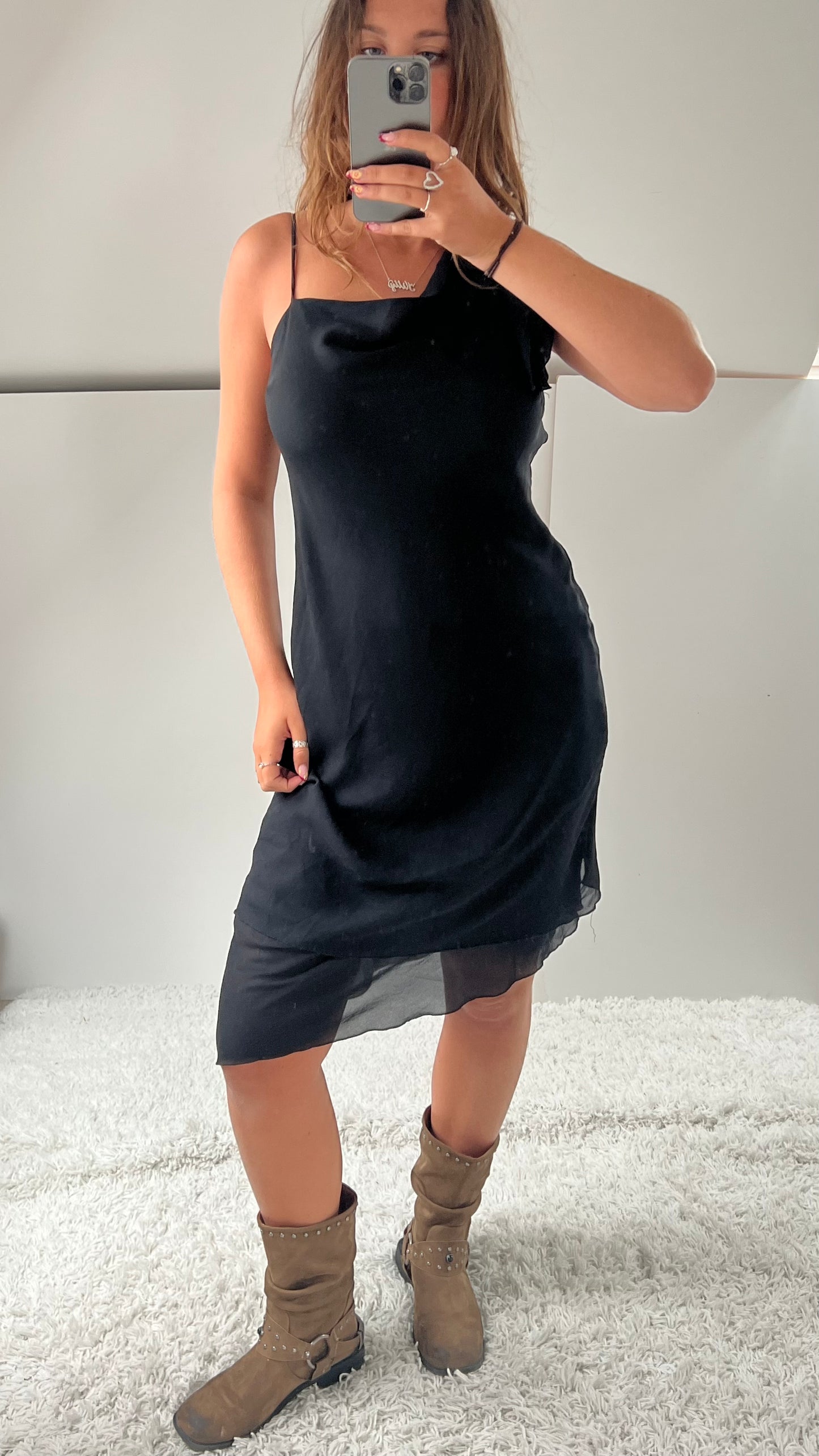00s black mesh asymmetrical midi dress- size M