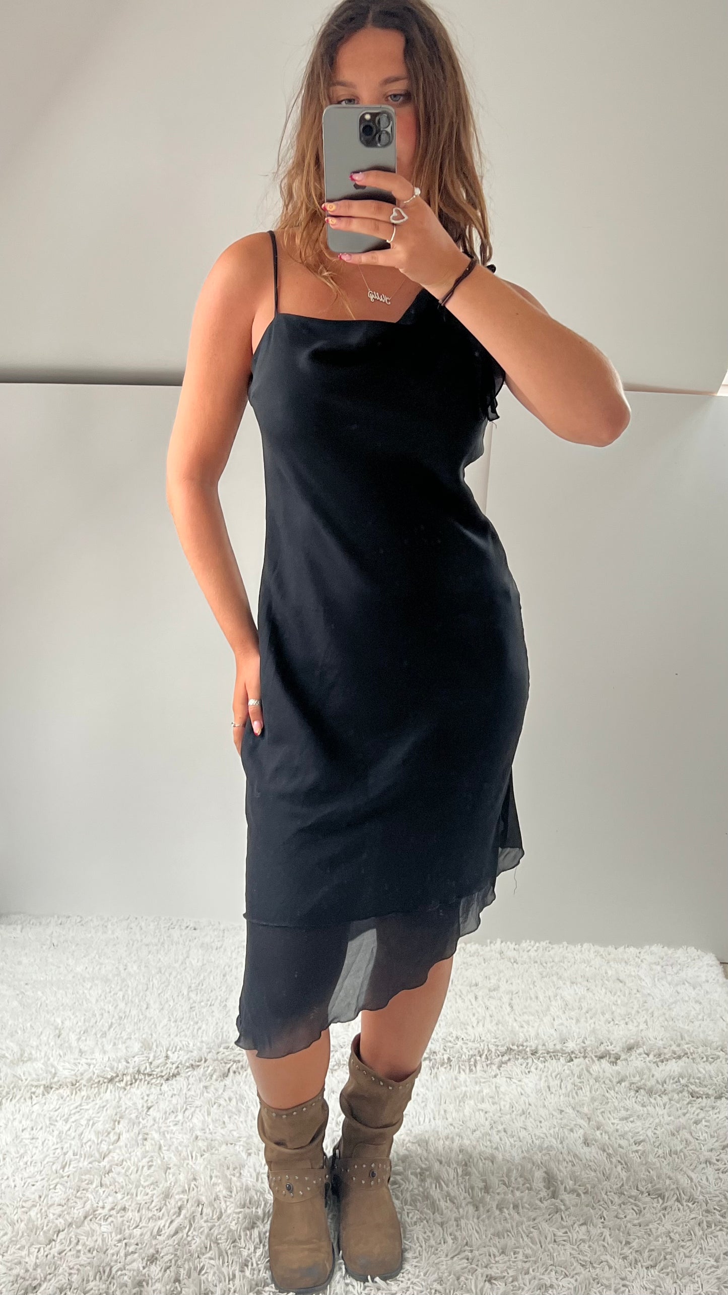 00s black mesh asymmetrical midi dress- size M