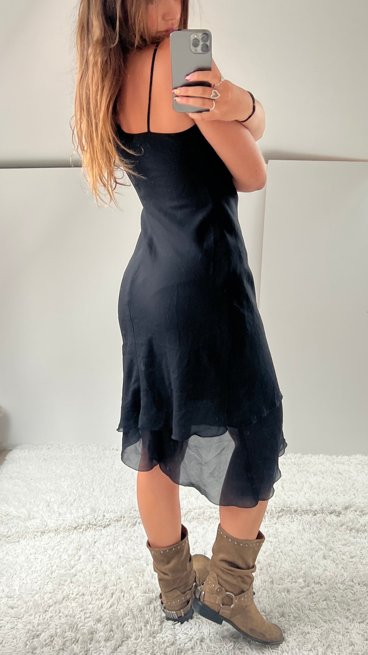 00s black mesh asymmetrical midi dress- size M