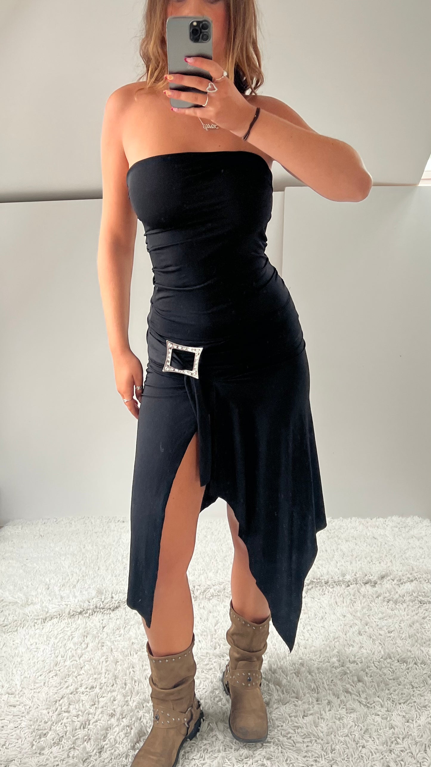 00s black strapless midi dress- size S