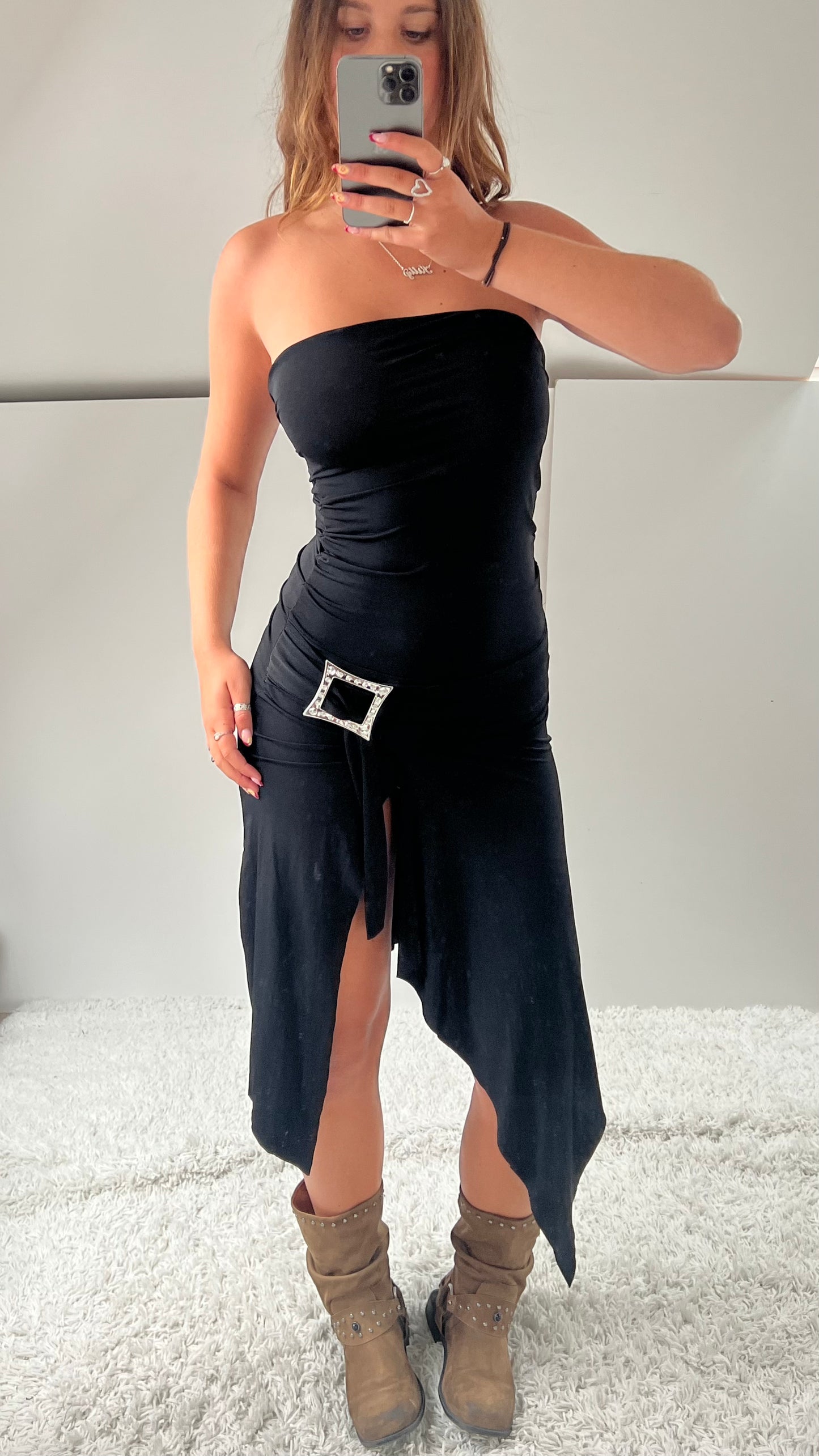 00s black strapless midi dress- size S