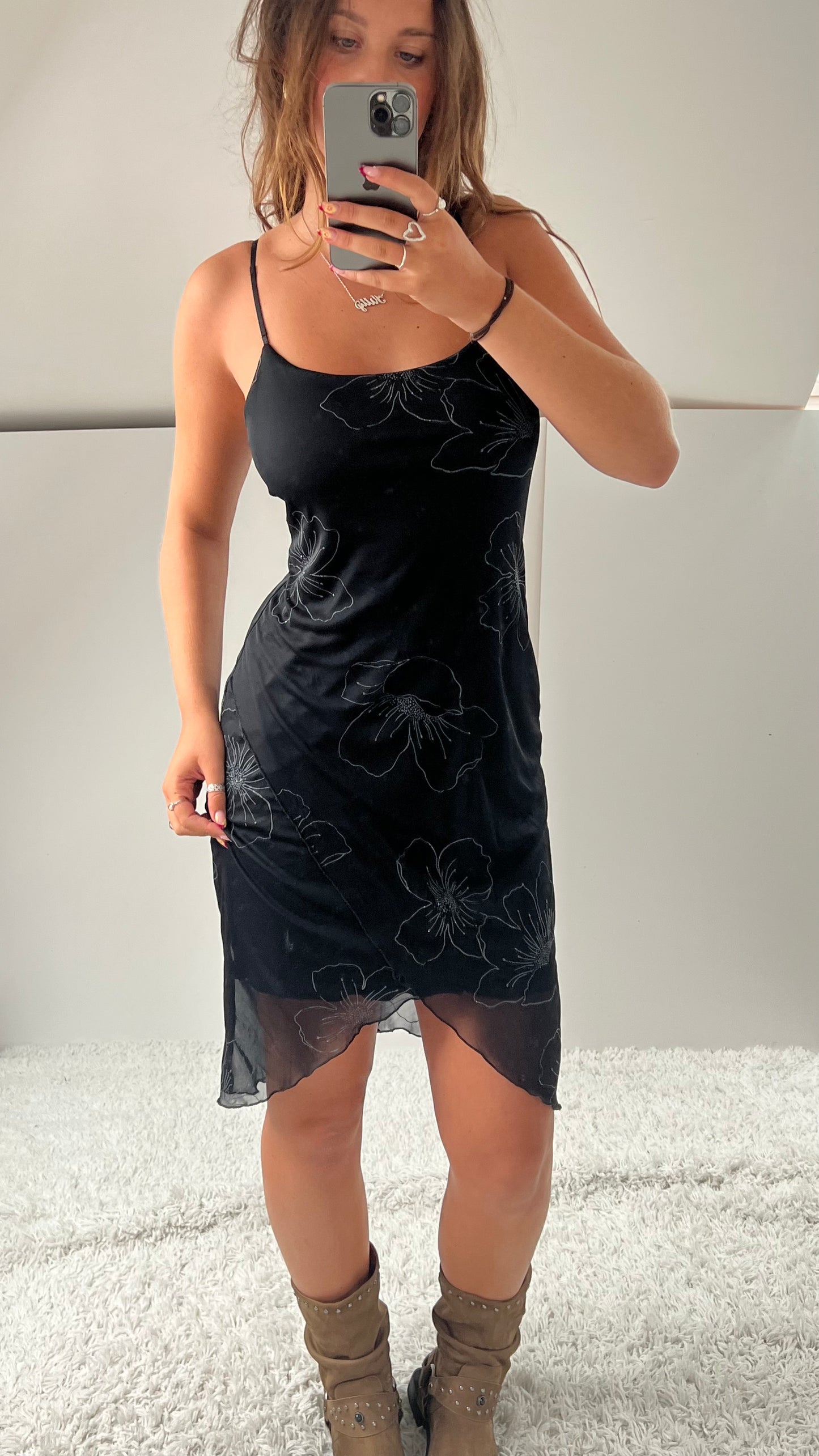00s black mesh floral midi dress- size M