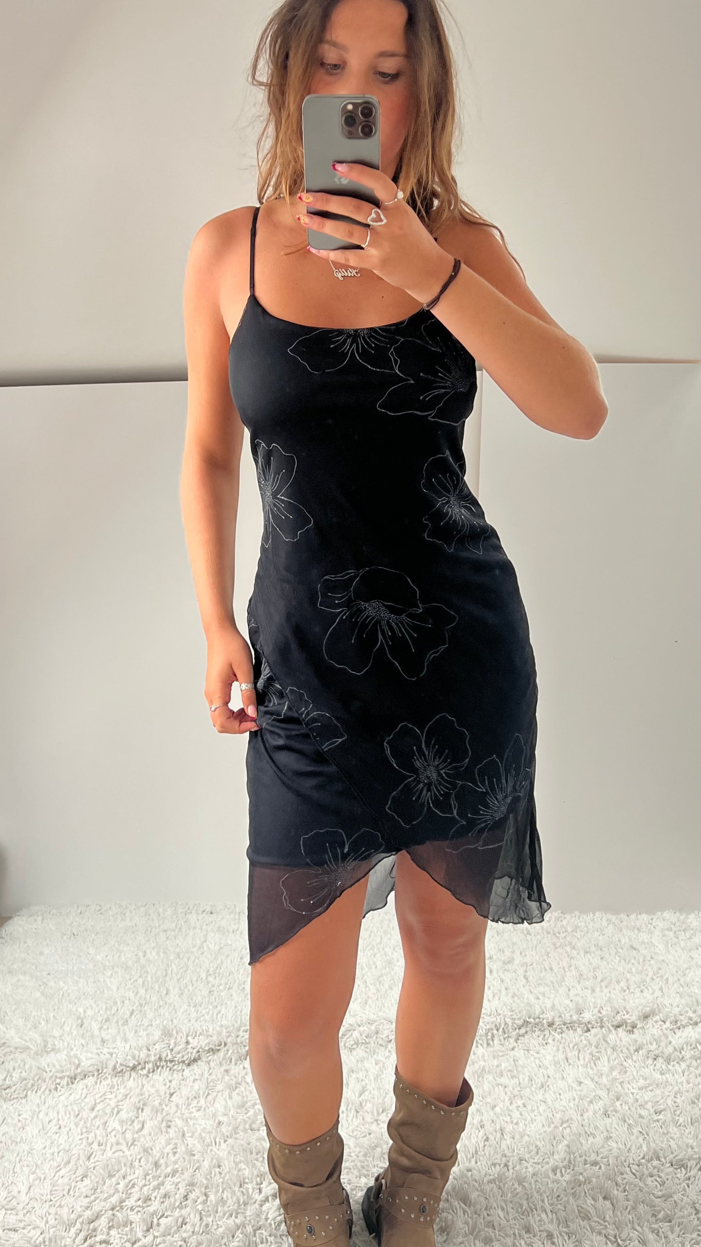 00s black mesh floral midi dress- size M