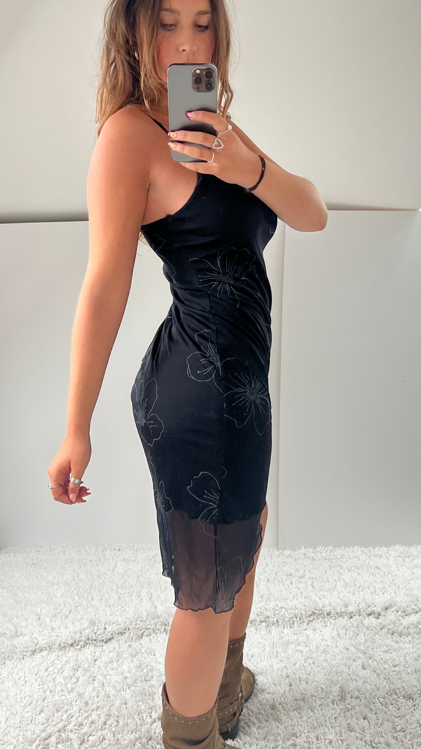 00s black mesh floral midi dress- size M