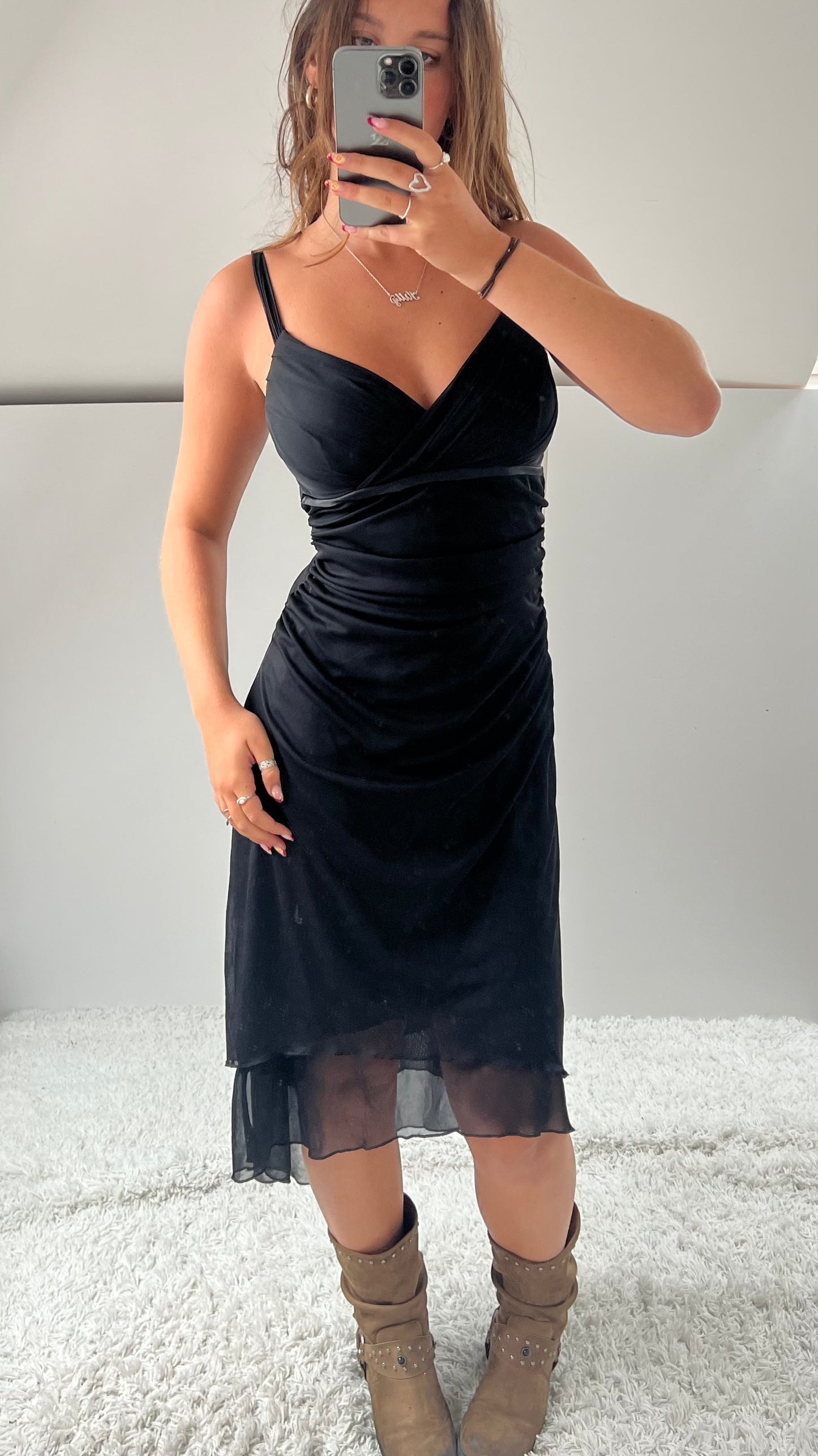00s black mesh asymmetric midi dress- size L